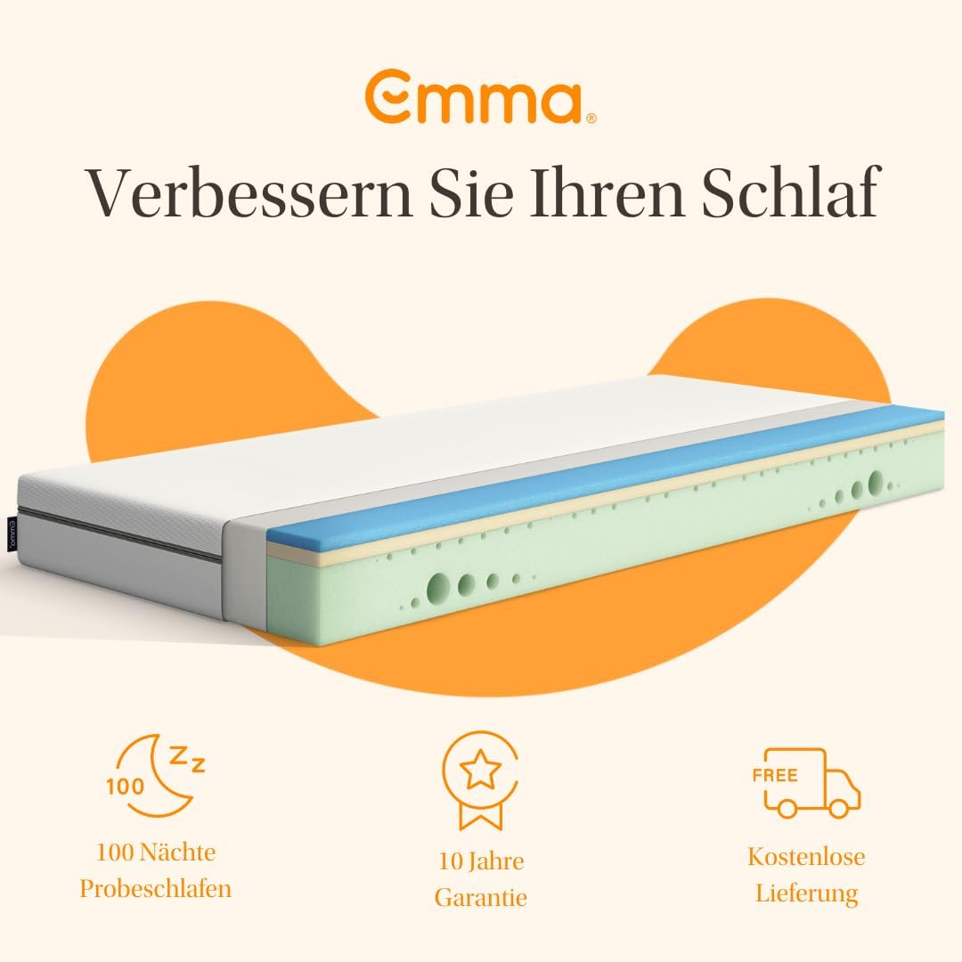 Emma One Matratze, Kaltschaummatratze, 90x200 cm, H2 Härtegrad Mittelhart, 18 cm Höhe, 3-Zonen-Stützung, Atmungsaktiver & Waschbarer Bezug
