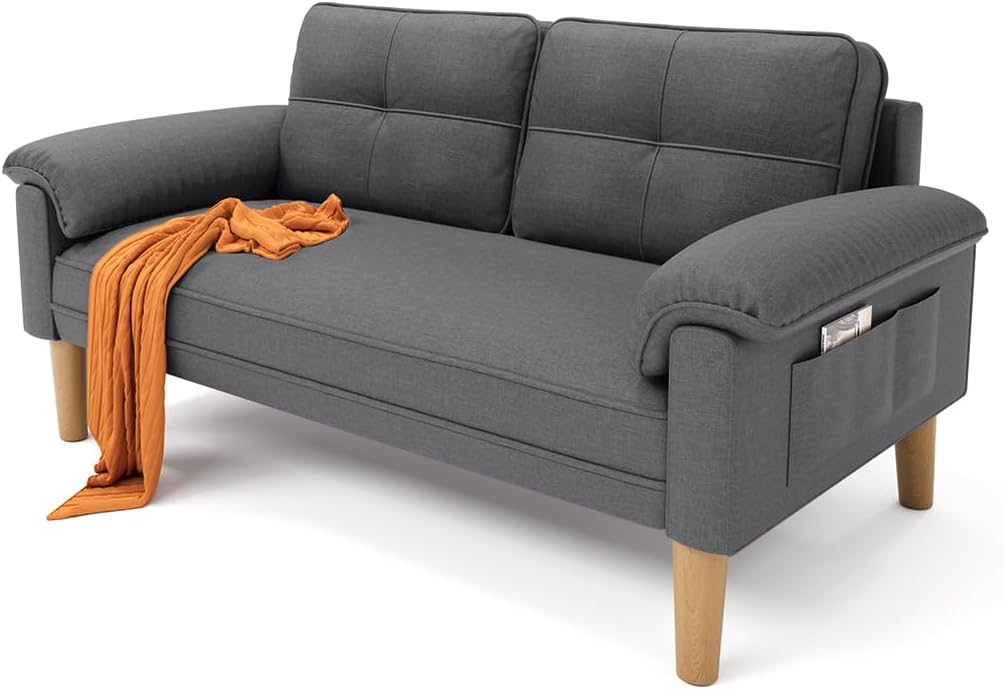 Xbro Sofa 2 Sitzer, Kleine Couch 2 Sitzer mit Armlehne und Seitentasche, Modernes Stoffcouch für Wohnzimmer,Wohnung,Büro,Einfache Montage, 144 x 77 x 77 cm, Dunkelgrau