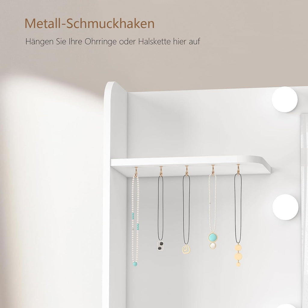 TEENFON Large Dressing Table with Adjustable LED Lighting and Sockets, Dressing Table with Mirror, 7 Drawers, 4 Open Shelves and 5 Jewellery Hooks for Bedroom, White