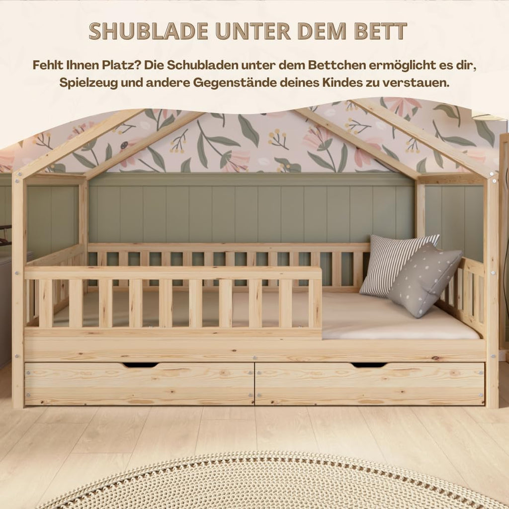 Hausbett mit Schubladen 140x200 cm – Kinderbett aus Naturholz mit Rausfallschutz – Montessori Bodenbett mit zusätzlichen Stauraum und und Abnehmbarer Barriere - Crazy House