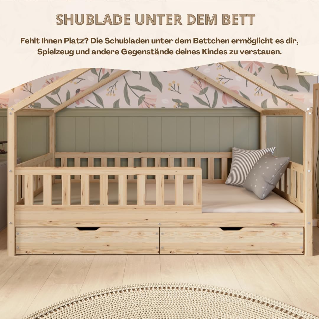 Hausbett mit Schubladen 140x200 cm – Kinderbett aus Naturholz mit Rausfallschutz – Montessori Bodenbett mit zusätzlichen Stauraum und und Abnehmbarer Barriere - Crazy House