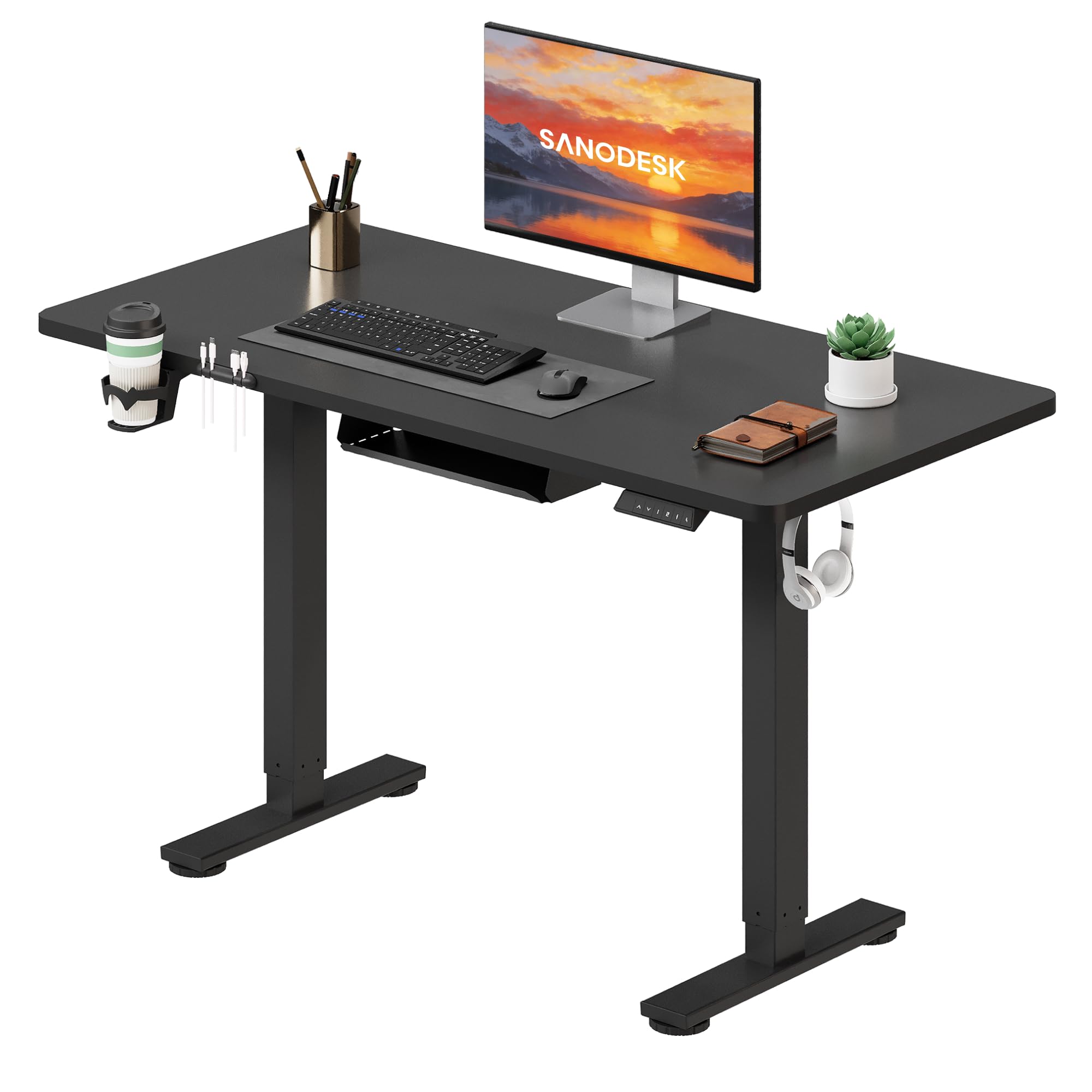 SANODESK Höhenverstellbarer Schreibtisch 110×54 cm – Kompakter Standing Desk mit praktischem Zubehör, ideal für kleine Räume, leise & sicher mit Anti-Kollisions-Schutz(Weiß)