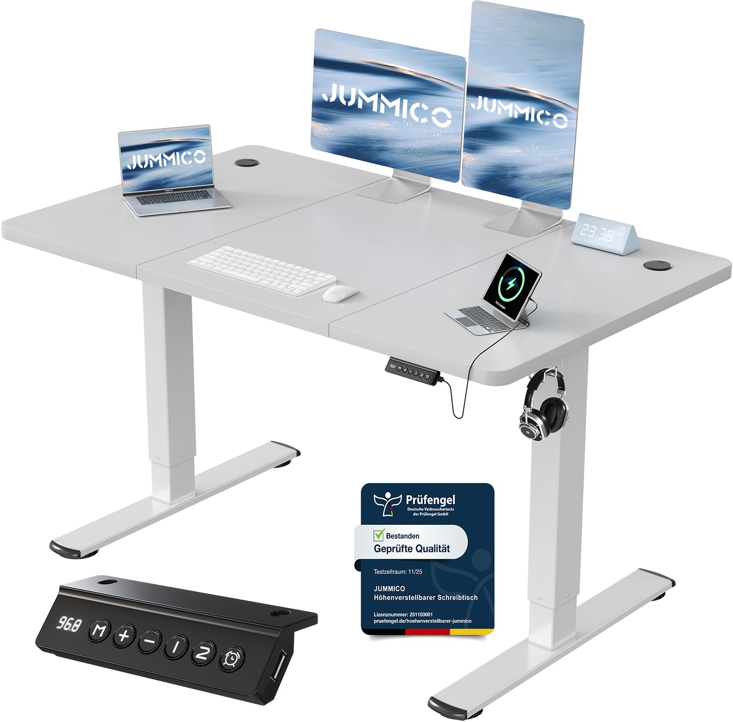 JUMMICO Höhenverstellbarer Schreibtisch mit USB-Ladeanschluss 120 x 60 cm, Schreibtisch Höhenverstellbar Elektrisch, Steh-Sitz Tisch Stehpult Verstellbarer Computertisch,Standing Desk,Weiß