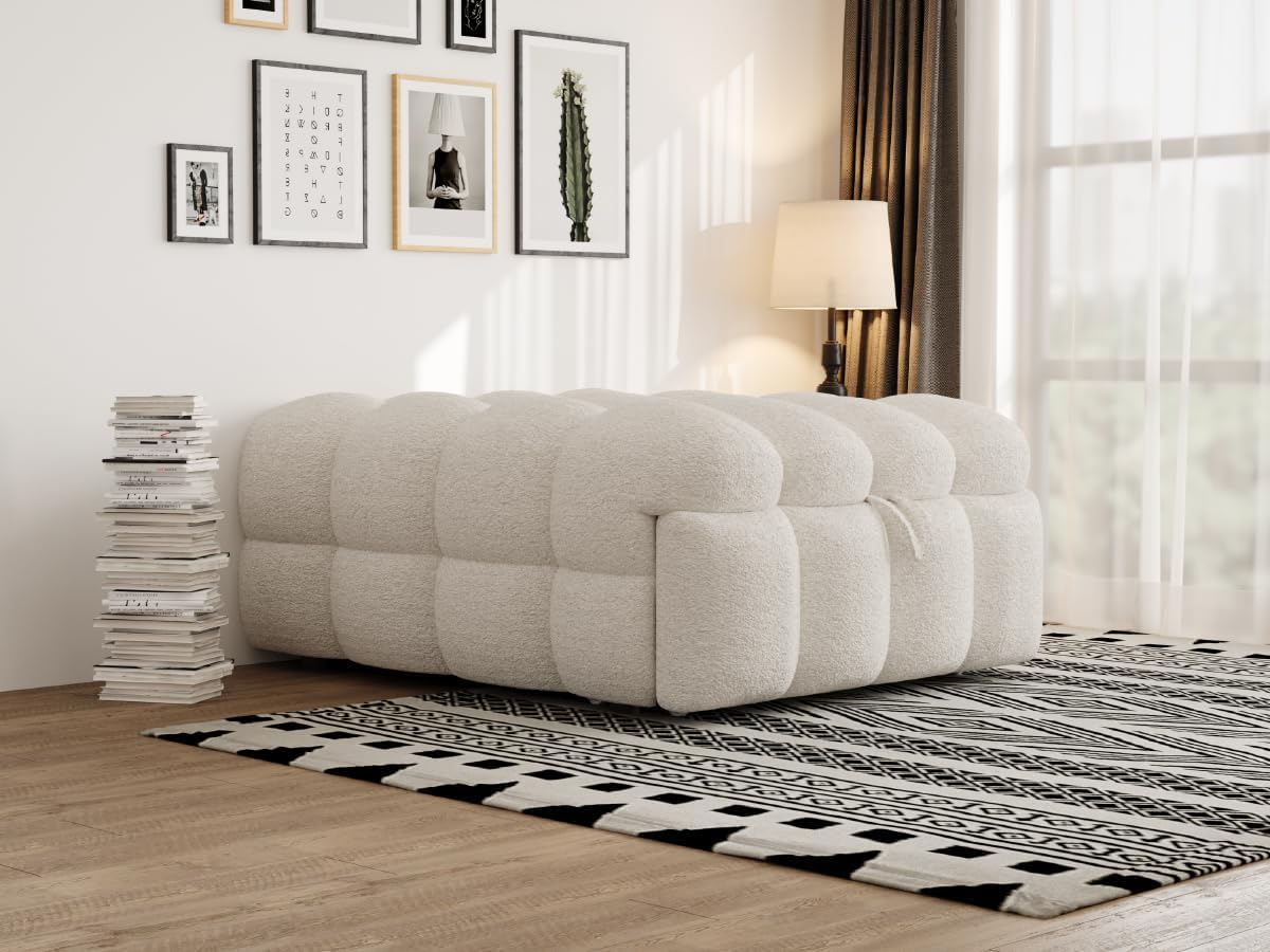 Polsterbett, 2-in-1-Fußhocker, Ausziehbares Schlafsofa, Einzelbett, Puffy-Bett,Teddy-Stoff (Beige)