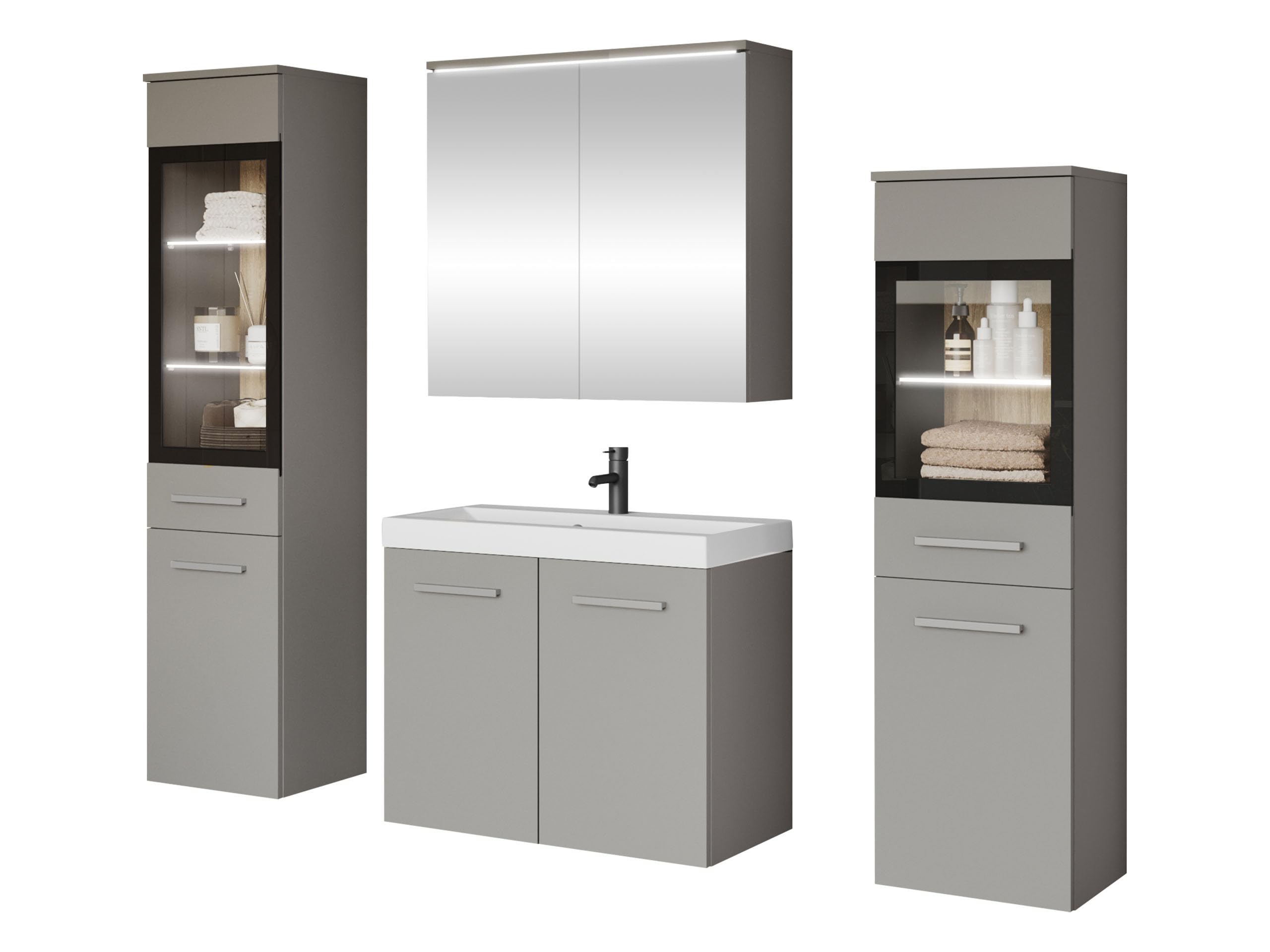 Mirjan24 Badmöbel Set Madrit II mit Waschbecken und Siphon, Komplettprogramme für Spiegelschrank, Waschtisch, Hochschrank (Kastanien Breslau/Grau Hochglanz, ohne Beleuchtung)