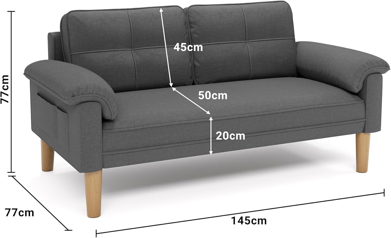 Xbro Sofa 2 Sitzer, Kleine Couch 2 Sitzer mit Armlehne und Seitentasche, Modernes Stoffcouch für Wohnzimmer,Wohnung,Büro,Einfache Montage, 144 x 77 x 77 cm, Dunkelgrau
