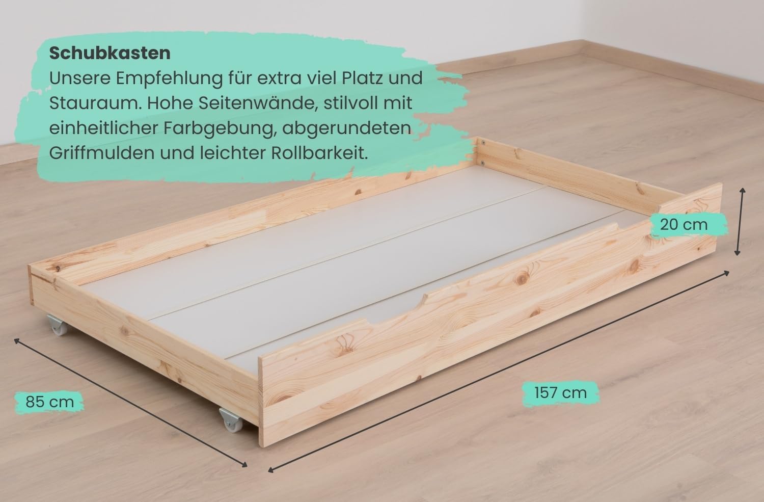TiCAA Kinderbett Hausbett Montessori Kay 90x200, 100x200 cm, 120x200 cm, 140x200 für Jungen & Mädchen mit Schubladen, Rausfallschutz & Rolllattenrost - aus Kiefer Massivholz für Kinderzimmer
