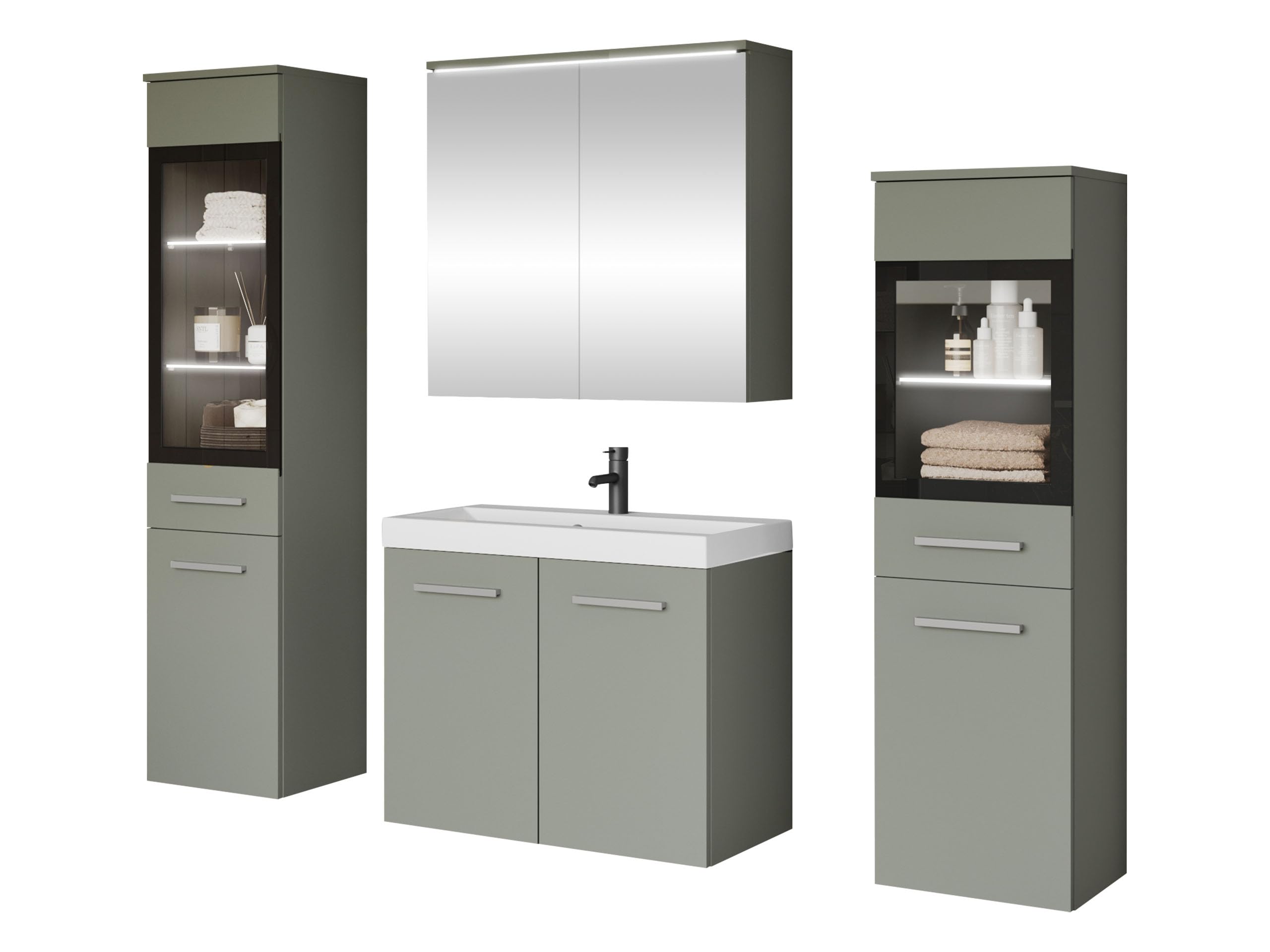 Mirjan24 Badmöbel Set Madrit II mit Waschbecken und Siphon, Komplettprogramme für Spiegelschrank, Waschtisch, Hochschrank (Kastanien Breslau/Grau Hochglanz, ohne Beleuchtung)