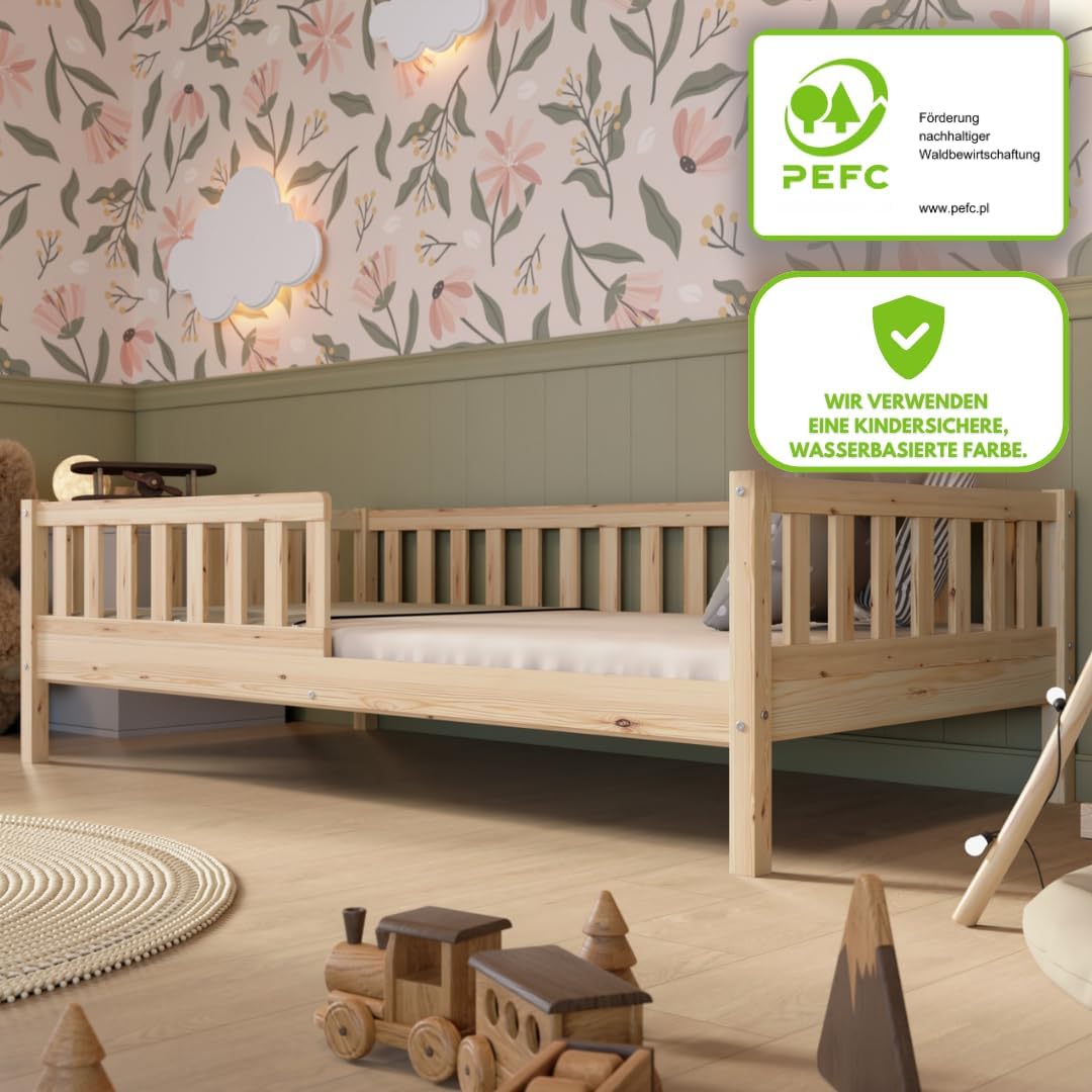 Crazy Pine Kinderbett 90x190 cm – Hohes Montessori Bodenbett aus Holz mit Rausfallschutz – Sicheres Kleinkindbett – Skandinavisches Design, Leichte Montage - Crazy Basic