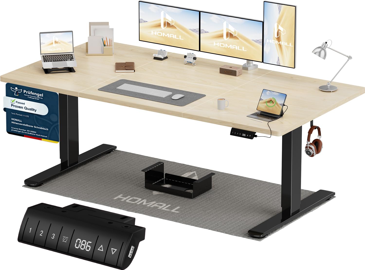 Homall Höhenverstellbarer Schreibtisch 140x70cm mit USB-A Ladeanschluss, Elektrischer Schreibtisch mit Kabel Management Tray, Standing Desk mit 3 Memory Funktion, Computertisch Beige