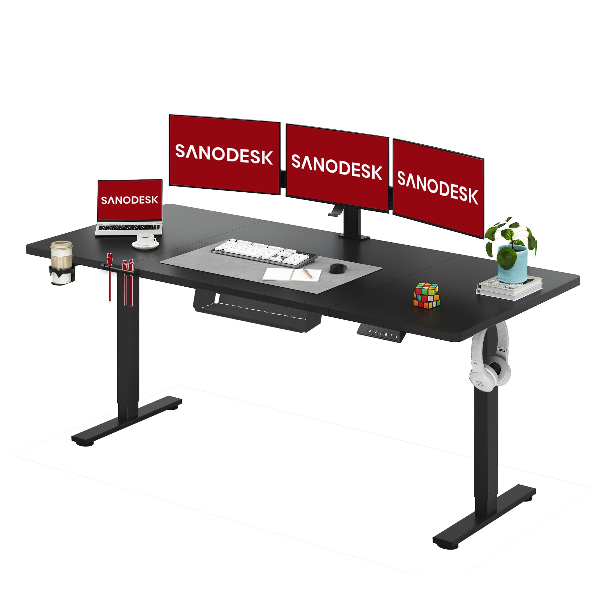 SANODESK Höhenverstellbarer Schreibtisch 110×54 cm – Kompakter Standing Desk mit praktischem Zubehör, ideal für kleine Räume, leise & sicher mit Anti-Kollisions-Schutz(Weiß)
