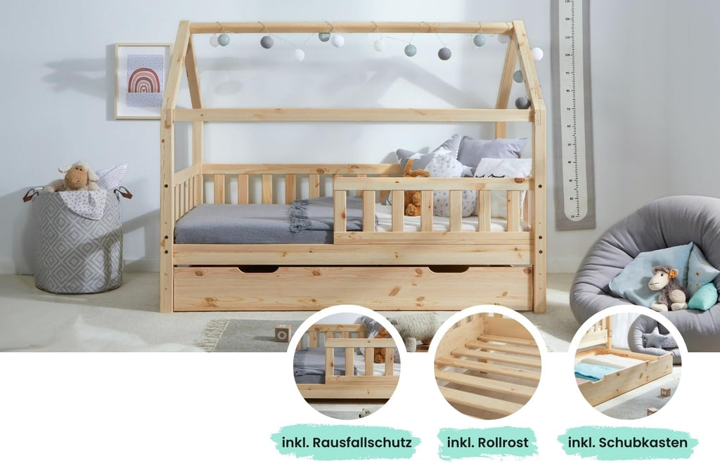 TiCAA Kinderbett Hausbett Montessori Kay 90x200, 100x200 cm, 120x200 cm, 140x200 für Jungen & Mädchen mit Schubladen, Rausfallschutz & Rolllattenrost - aus Kiefer Massivholz für Kinderzimmer