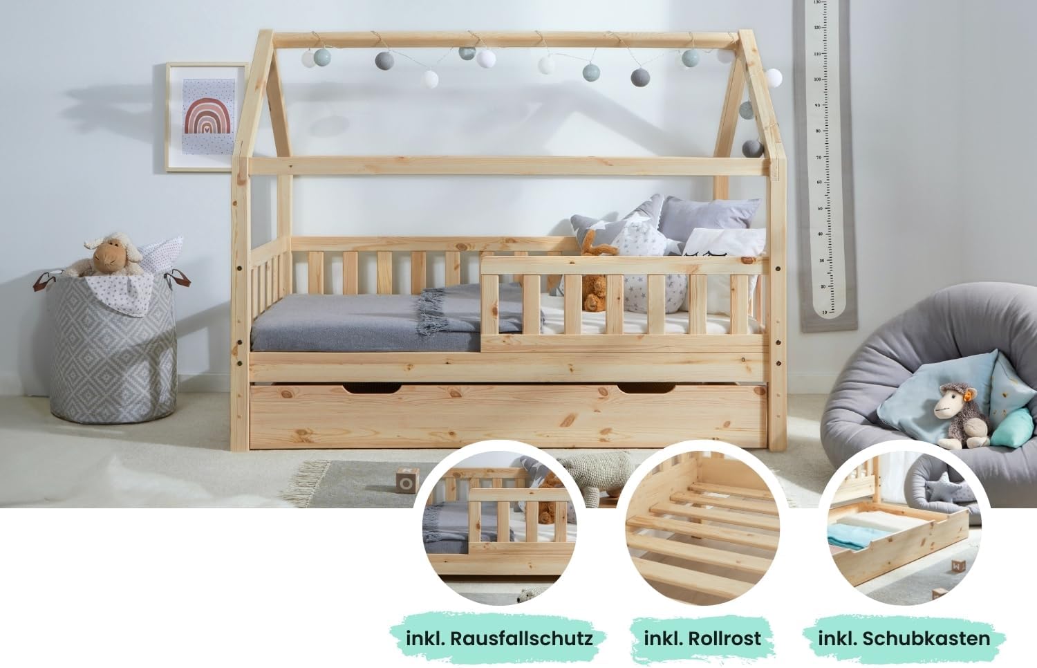 TiCAA Kinderbett Hausbett Montessori Kay 90x200, 100x200 cm, 120x200 cm, 140x200 für Jungen & Mädchen mit Schubladen, Rausfallschutz & Rolllattenrost - aus Kiefer Massivholz für Kinderzimmer