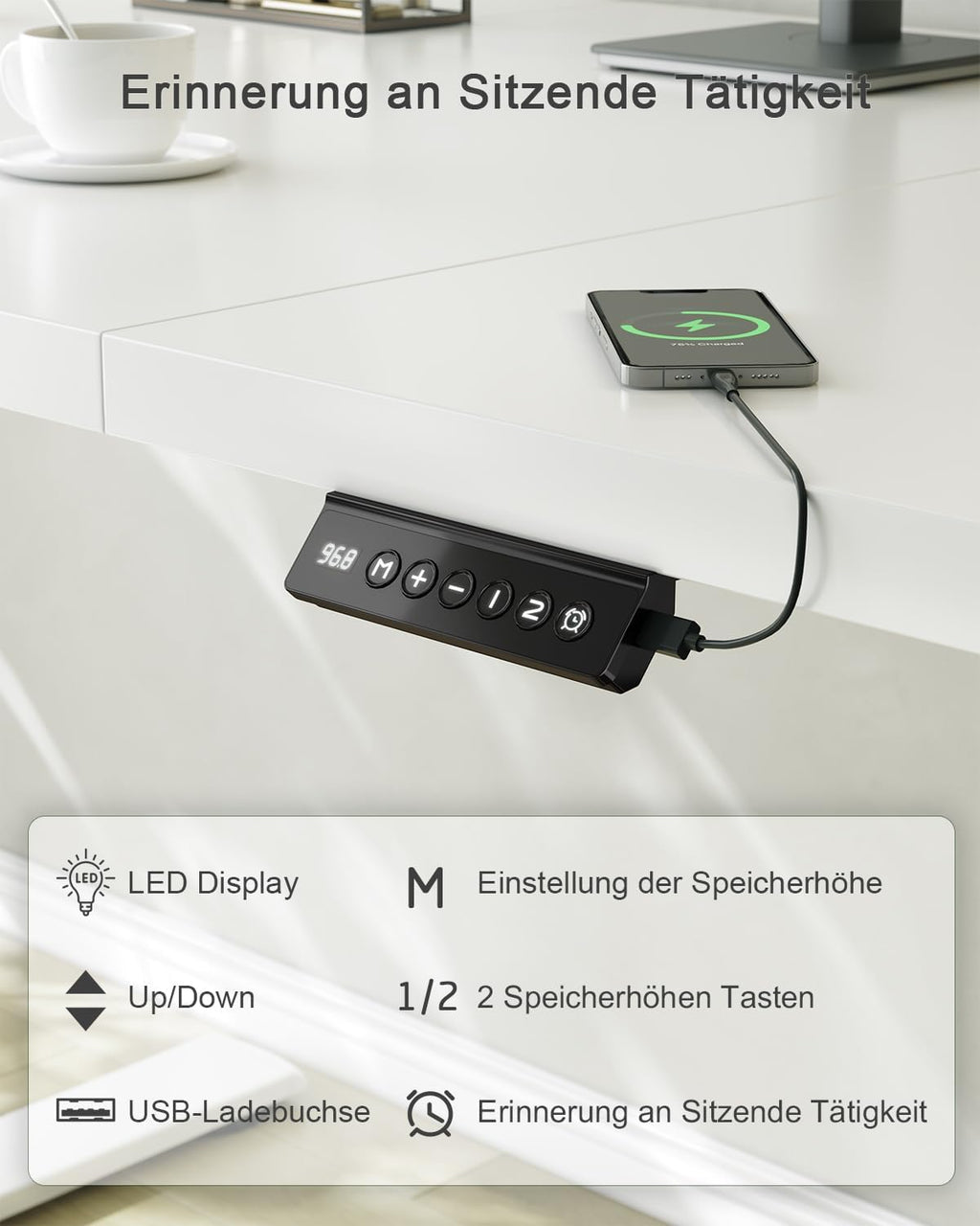 JUMMICO Höhenverstellbarer Schreibtisch mit USB-Ladeanschluss 120 x 60 cm, Schreibtisch Höhenverstellbar Elektrisch, Steh-Sitz Tisch Stehpult Verstellbarer Computertisch,Standing Desk,Weiß