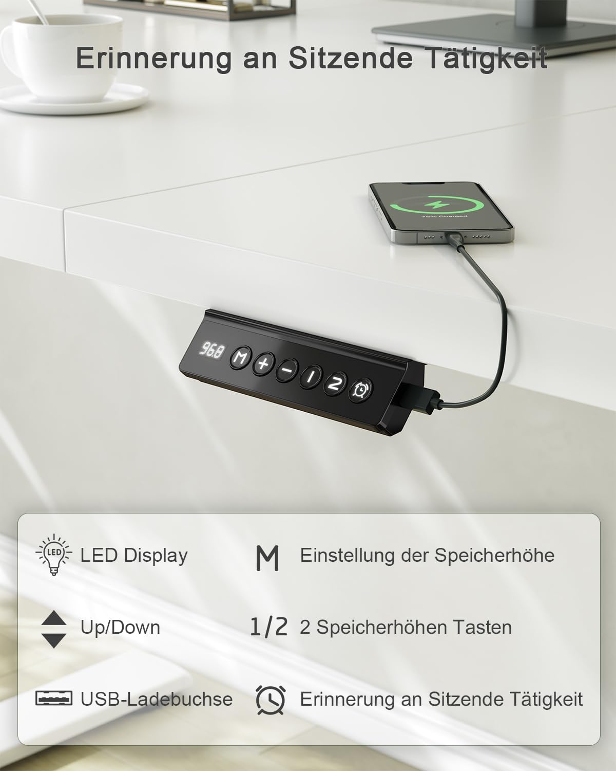 JUMMICO Höhenverstellbarer Schreibtisch mit USB-Ladeanschluss 120 x 60 cm, Schreibtisch Höhenverstellbar Elektrisch, Steh-Sitz Tisch Stehpult Verstellbarer Computertisch,Standing Desk,Weiß