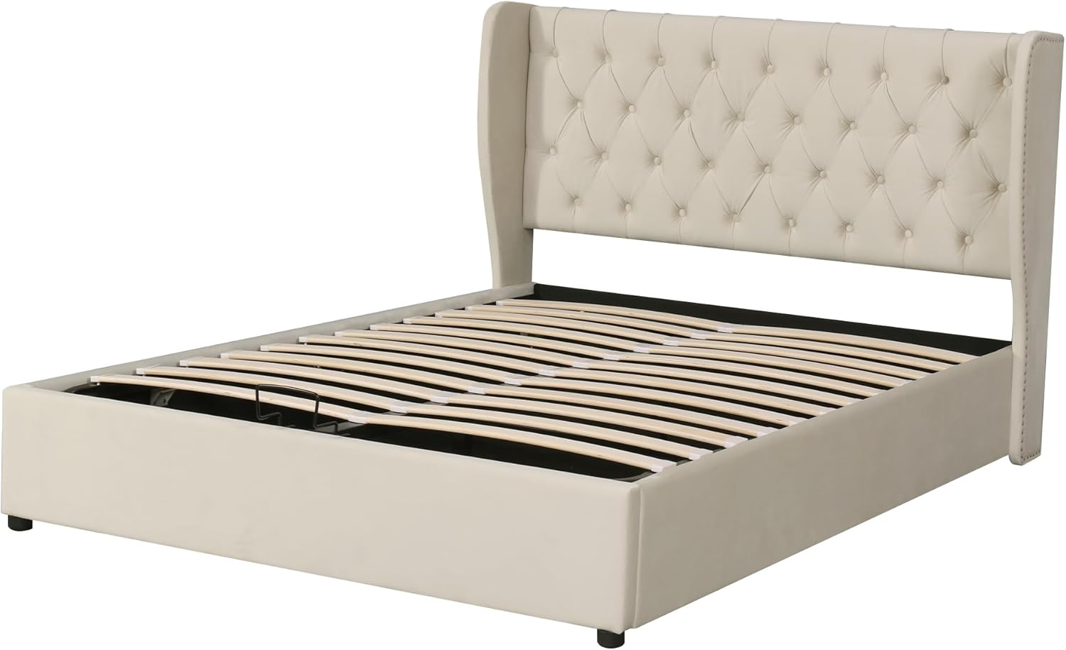 Merax Polsterbett 140x200cm mit Stauraum, Doppelbett mit Kopfteil und Lattenrost, Hydraulisches Funktionsbett für Jugend, Erwachsene, Samtstoff, Beige (Ohne Matratze)