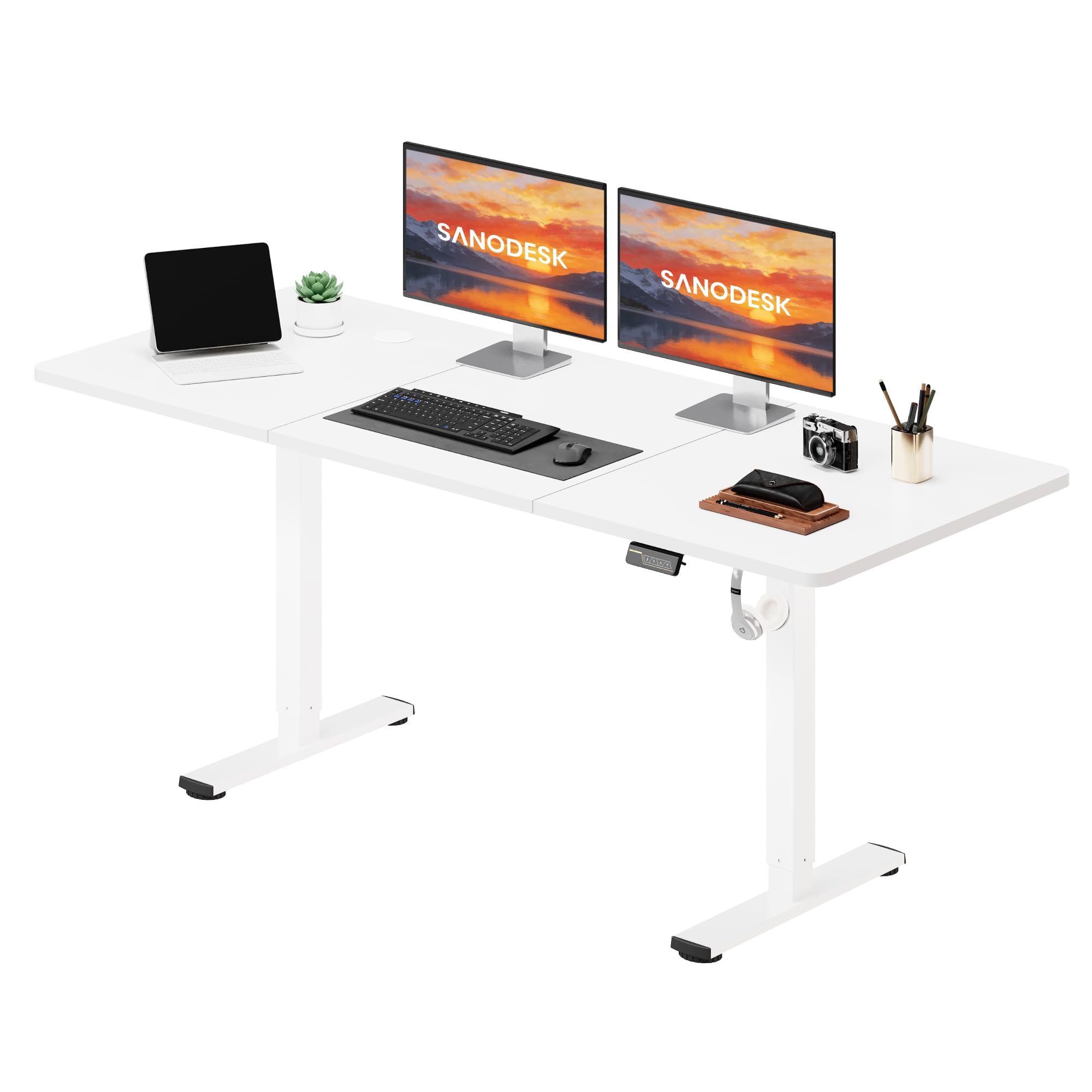 SANODESK Höhenverstellbarer Schreibtisch 110×54 cm – Kompakter Standing Desk mit praktischem Zubehör, ideal für kleine Räume, leise & sicher mit Anti-Kollisions-Schutz(Weiß)