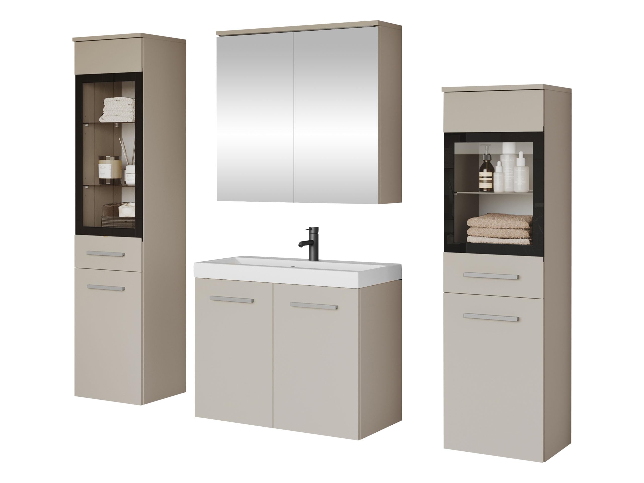 Mirjan24 Badmöbel Set Madrit II mit Waschbecken und Siphon, Komplettprogramme für Spiegelschrank, Waschtisch, Hochschrank (Kastanien Breslau/Grau Hochglanz, ohne Beleuchtung)