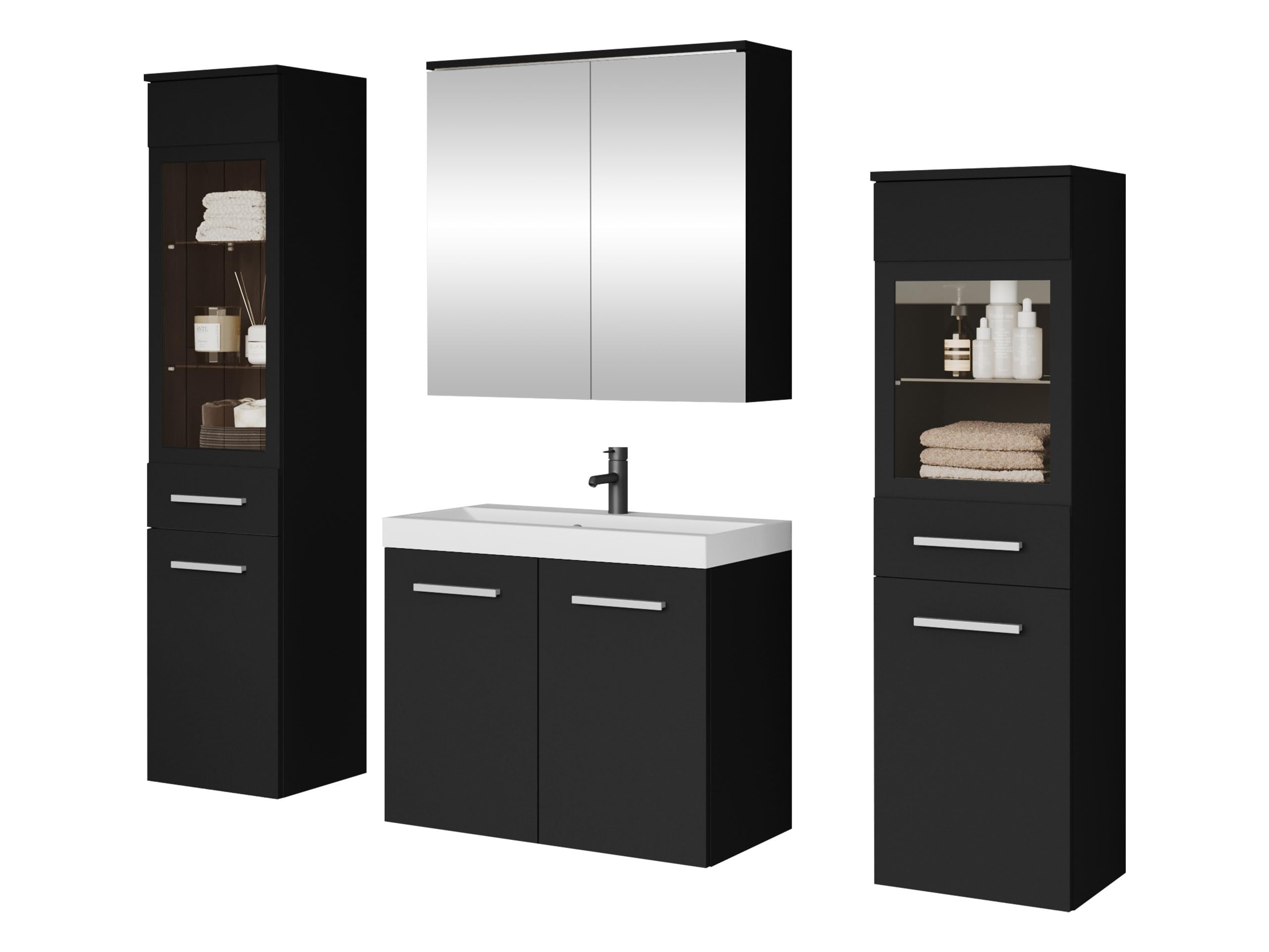 Mirjan24 Badmöbel Set Madrit II mit Waschbecken und Siphon, Komplettprogramme für Spiegelschrank, Waschtisch, Hochschrank (Kastanien Breslau/Grau Hochglanz, ohne Beleuchtung)