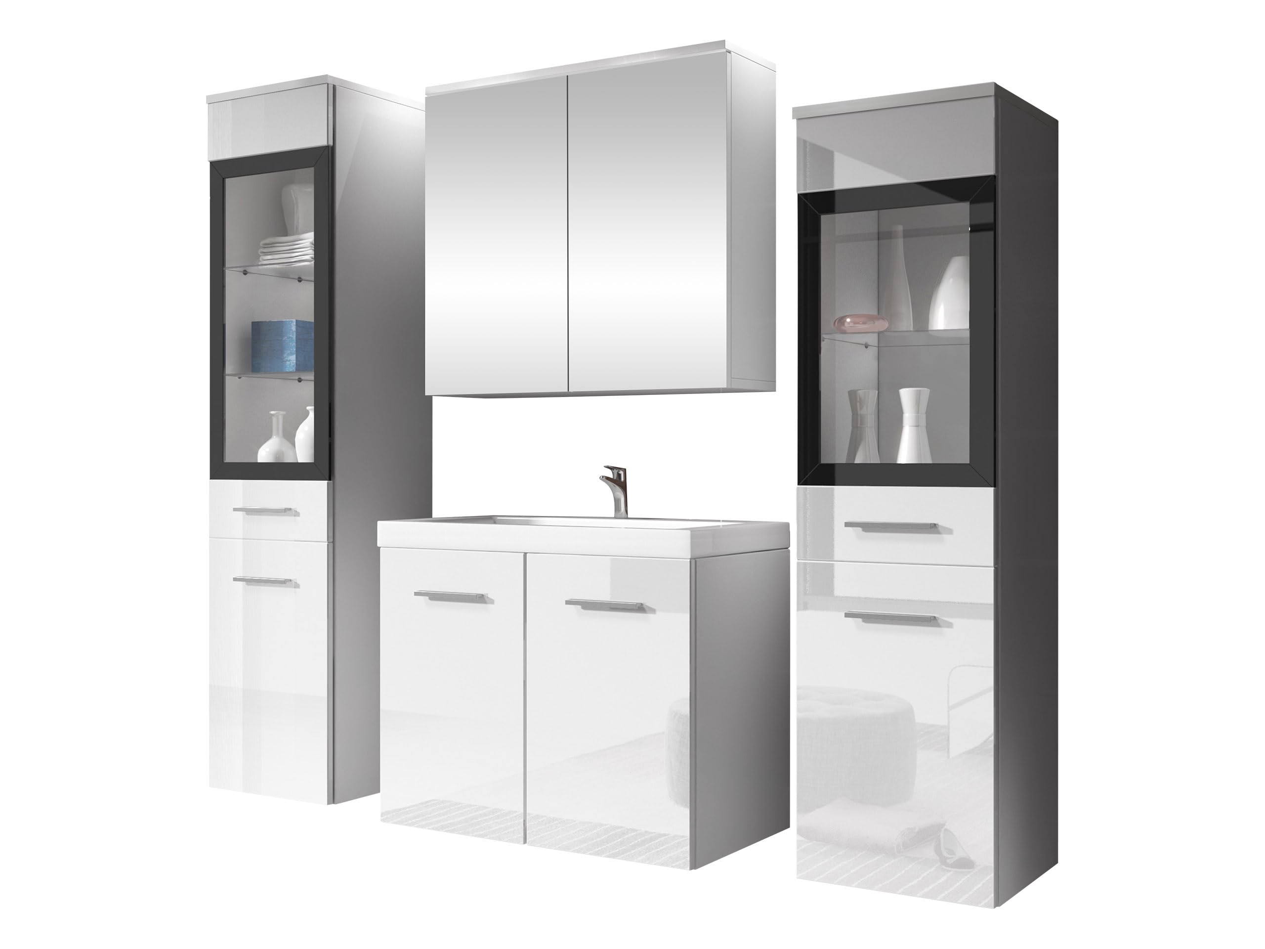 Mirjan24 Badmöbel Set Madrit II mit Waschbecken und Siphon, Komplettprogramme für Spiegelschrank, Waschtisch, Hochschrank (Kastanien Breslau/Grau Hochglanz, ohne Beleuchtung)