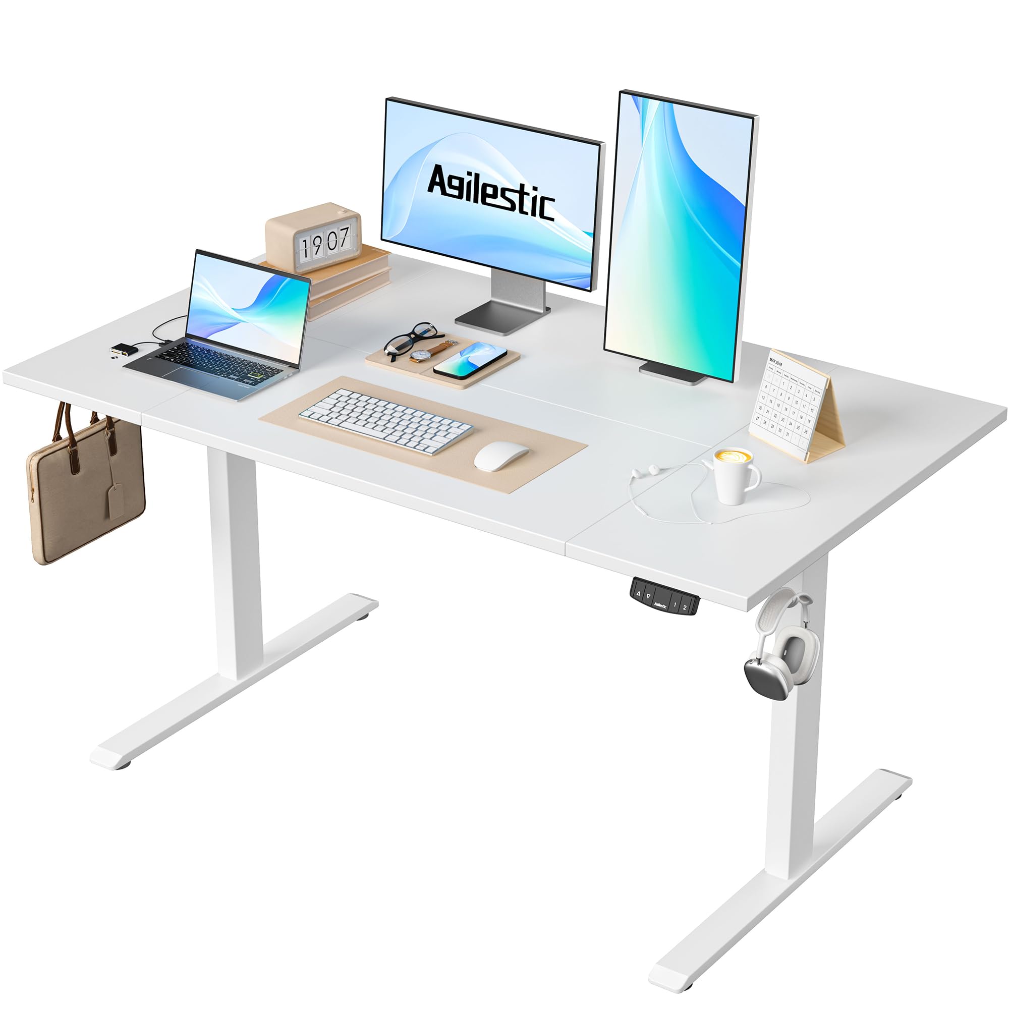 Agilestic Höhenverstellbarer Schreibtisch 120 x 60 cm, Stabiler Schreibtisch Höhenverstellbar Elektrisch mit Memory-Handsteuerung, Ergonomischer Steh-Sitz Tisch Computertisch, Weiß