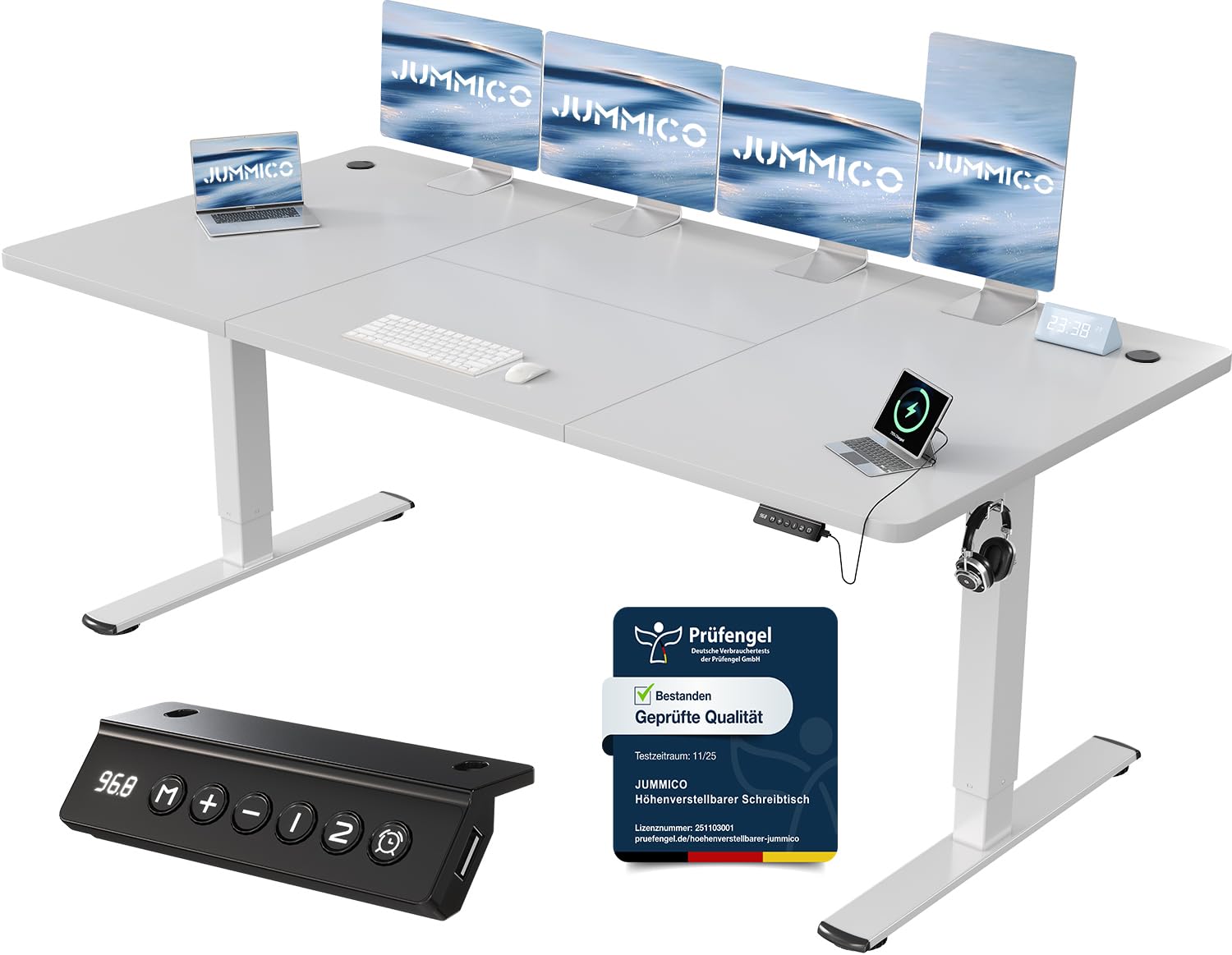 JUMMICO Höhenverstellbarer Schreibtisch mit USB-Ladeanschluss 120 x 60 cm, Schreibtisch Höhenverstellbar Elektrisch, Steh-Sitz Tisch Stehpult Verstellbarer Computertisch,Standing Desk,Weiß