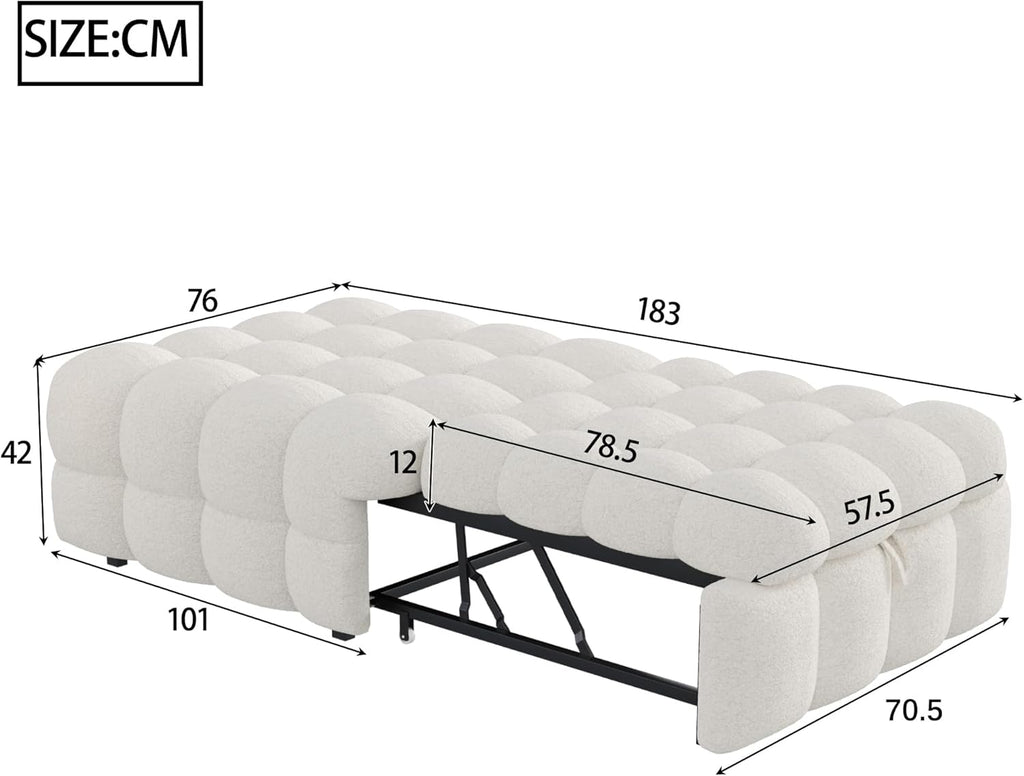Polsterbett, 2-in-1-Fußhocker, Ausziehbares Schlafsofa, Einzelbett, Puffy-Bett,Teddy-Stoff (Beige)