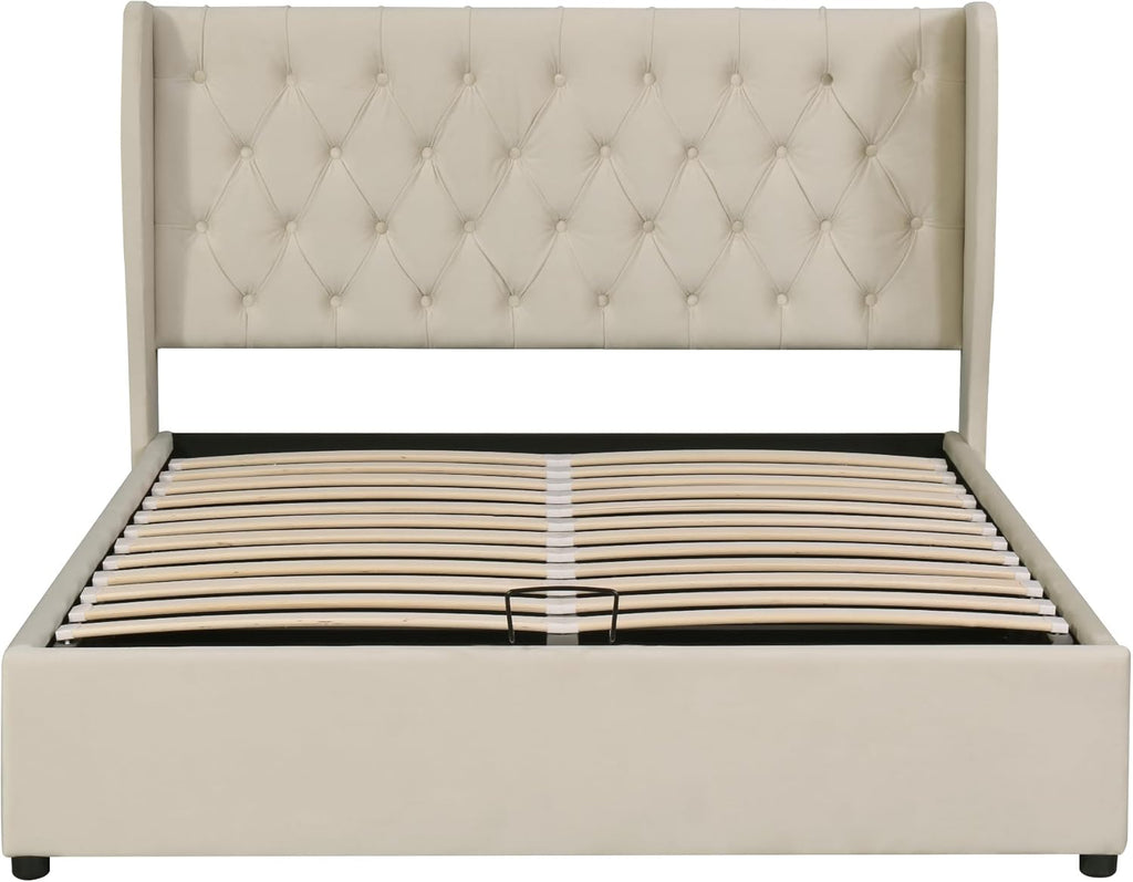 Merax Polsterbett 140x200cm mit Stauraum, Doppelbett mit Kopfteil und Lattenrost, Hydraulisches Funktionsbett für Jugend, Erwachsene, Samtstoff, Beige (Ohne Matratze)