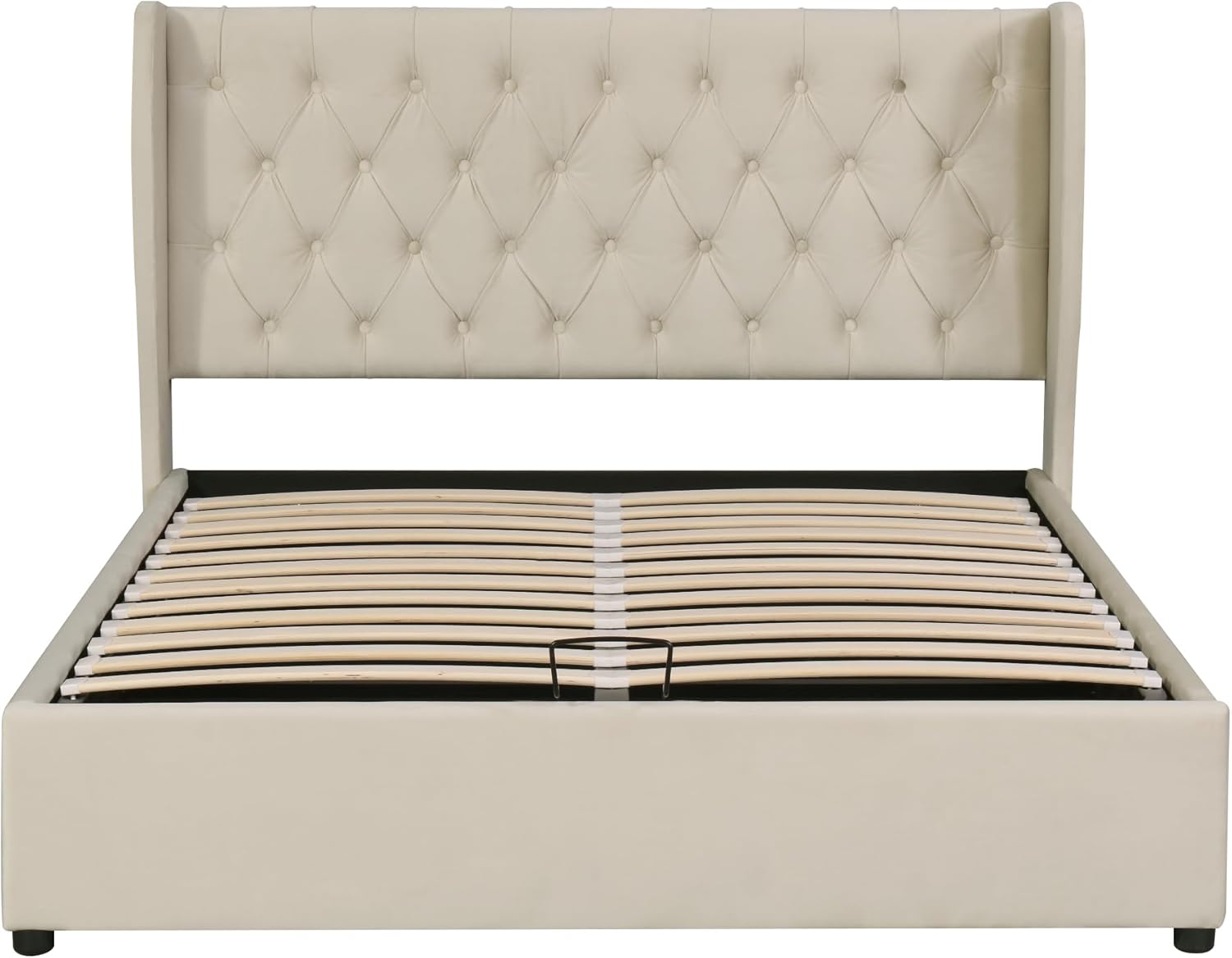 Merax Polsterbett 140x200cm mit Stauraum, Doppelbett mit Kopfteil und Lattenrost, Hydraulisches Funktionsbett für Jugend, Erwachsene, Samtstoff, Beige (Ohne Matratze)