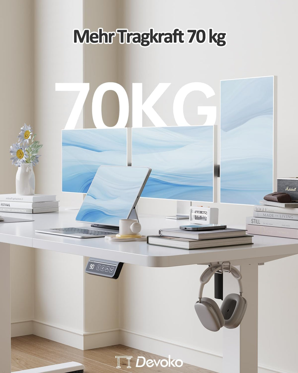 Devoko Höhenverstellbarer Schreibtisch, Elektrischer Schreibtisch Höhenverstellbar Tisch, Steh-Sitz Bürotisch, Computertisch mit Memory-Funktion, Stehpult, Standing Desk, Bürotisch,120 x 60 cm,Weiß