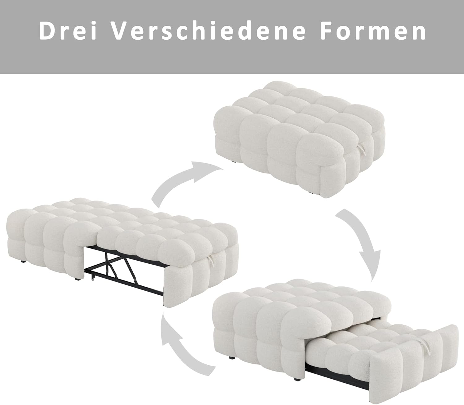 Polsterbett, 2-in-1-Fußhocker, Ausziehbares Schlafsofa, Einzelbett, Puffy-Bett,Teddy-Stoff (Beige)