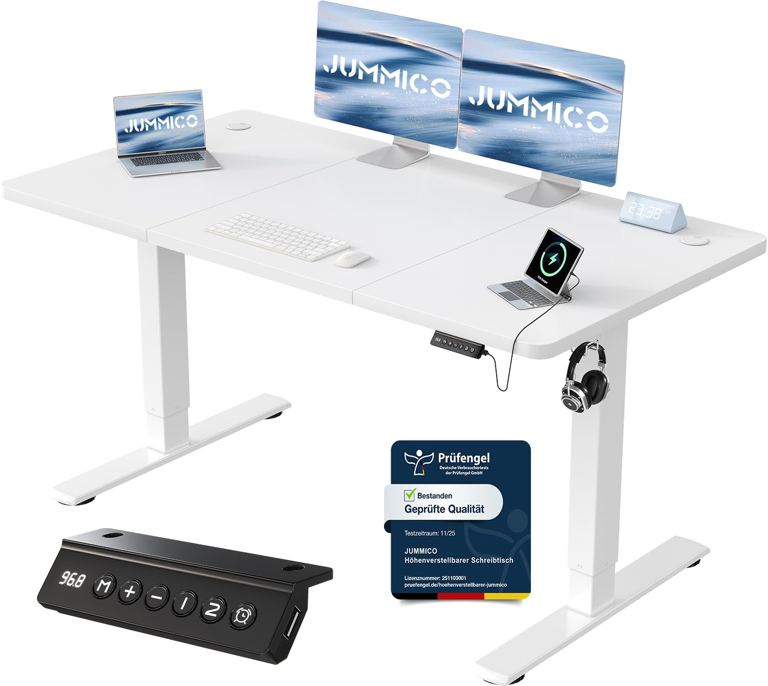 JUMMICO Höhenverstellbarer Schreibtisch mit USB-Ladeanschluss 120 x 60 cm, Schreibtisch Höhenverstellbar Elektrisch, Steh-Sitz Tisch Stehpult Verstellbarer Computertisch,Standing Desk,Weiß