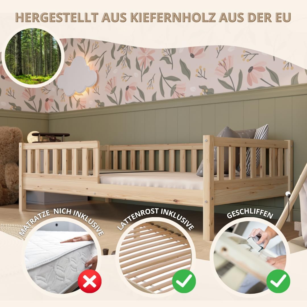 Crazy Pine Kinderbett 90x190 cm – Hohes Montessori Bodenbett aus Holz mit Rausfallschutz – Sicheres Kleinkindbett – Skandinavisches Design, Leichte Montage - Crazy Basic