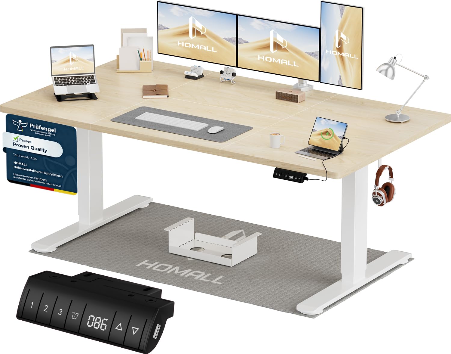 Homall Höhenverstellbarer Schreibtisch 140x70cm mit USB-A Ladeanschluss, Elektrischer Schreibtisch mit Kabel Management Tray, Standing Desk mit 3 Memory Funktion, Computertisch Beige