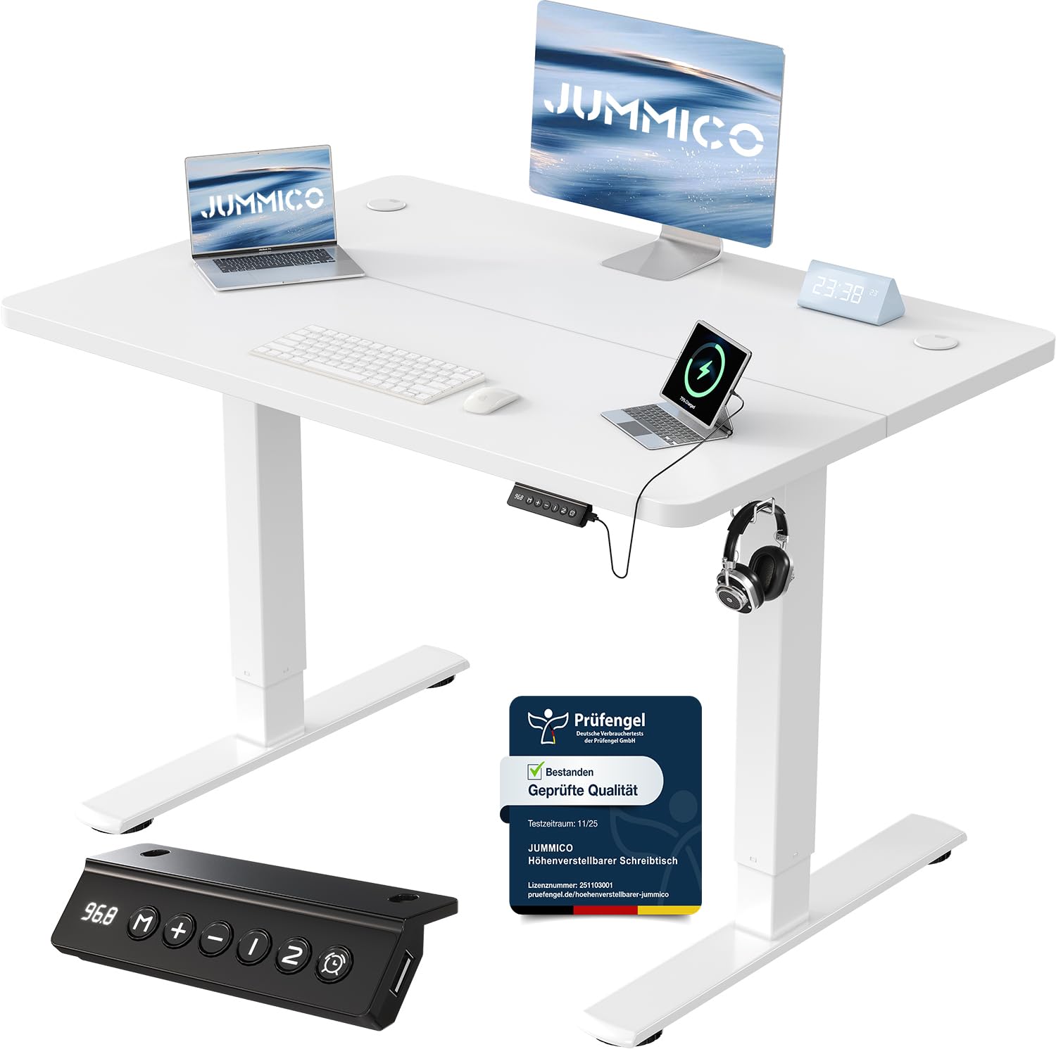JUMMICO Höhenverstellbarer Schreibtisch mit USB-Ladeanschluss 120 x 60 cm, Schreibtisch Höhenverstellbar Elektrisch, Steh-Sitz Tisch Stehpult Verstellbarer Computertisch,Standing Desk,Weiß