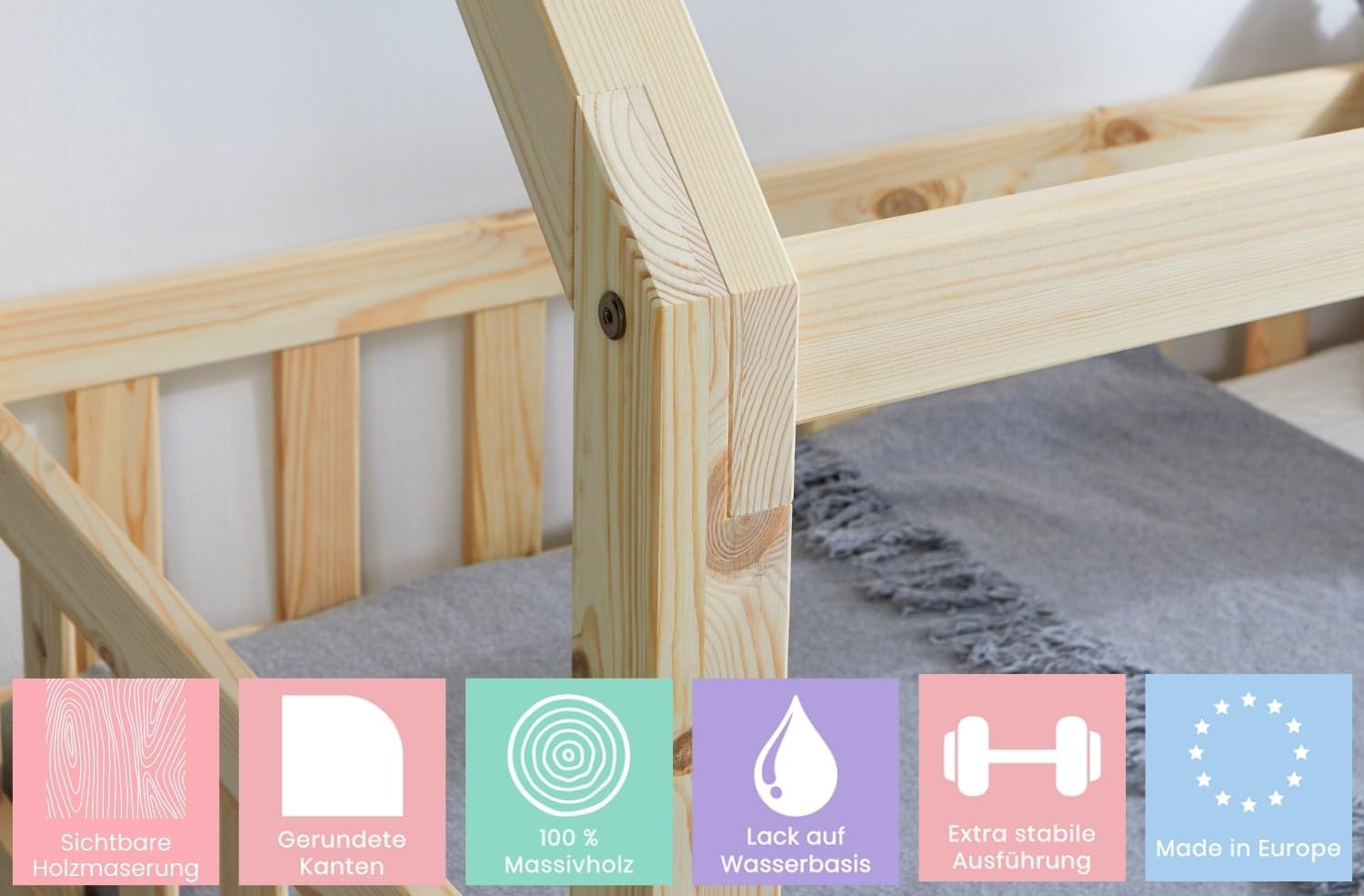 TiCAA Kinderbett Hausbett Montessori Kay 90x200, 100x200 cm, 120x200 cm, 140x200 für Jungen & Mädchen mit Schubladen, Rausfallschutz & Rolllattenrost - aus Kiefer Massivholz für Kinderzimmer