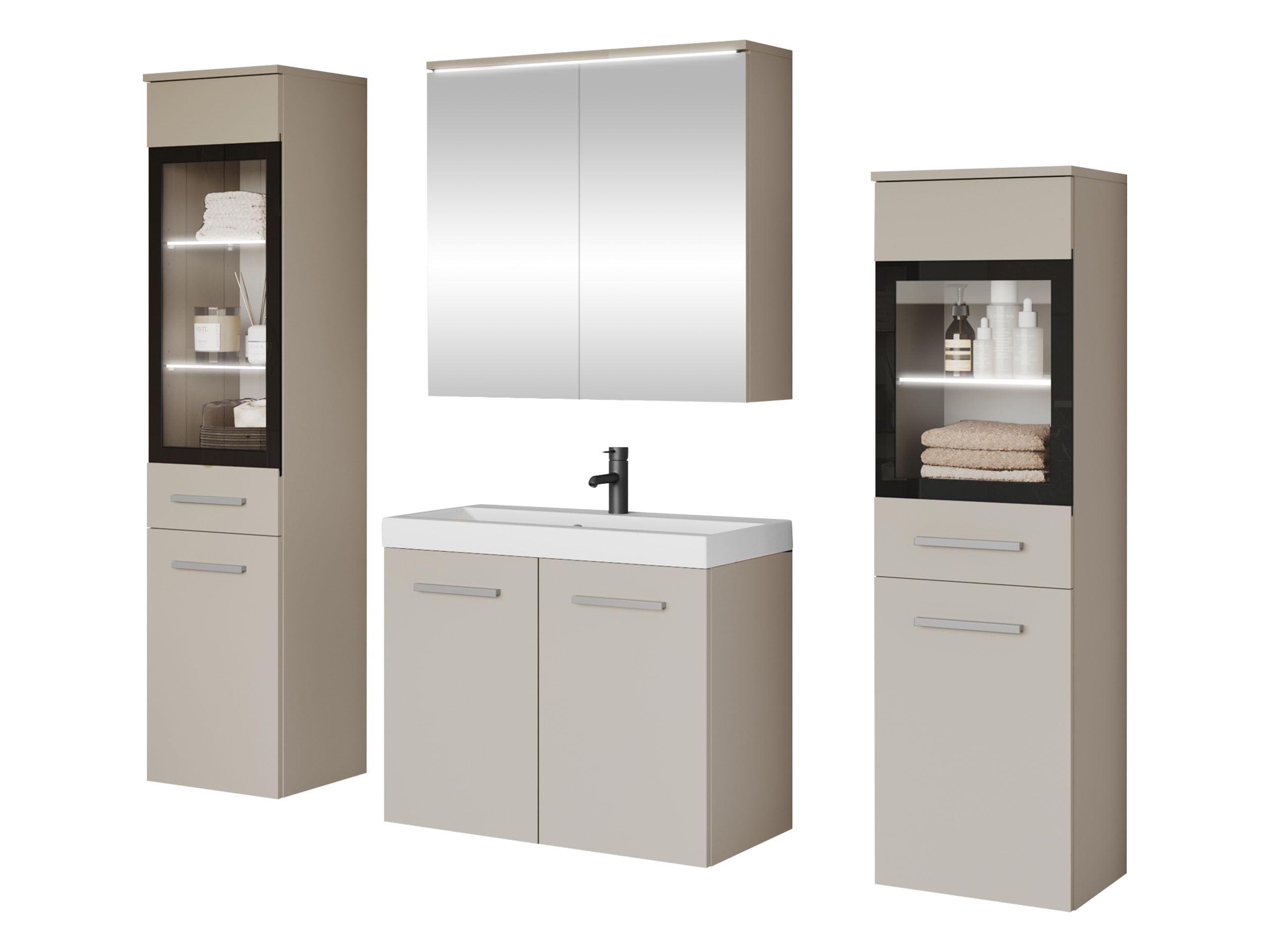 Mirjan24 Badmöbel Set Madrit II mit Waschbecken und Siphon, Komplettprogramme für Spiegelschrank, Waschtisch, Hochschrank (Kastanien Breslau/Grau Hochglanz, ohne Beleuchtung)