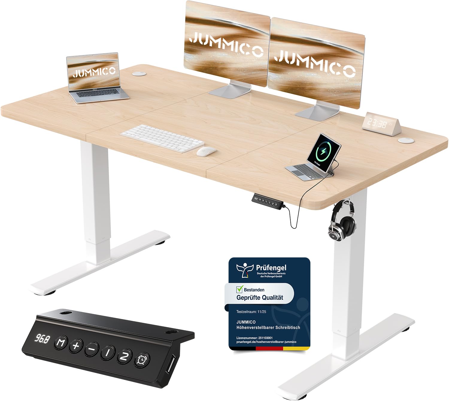 JUMMICO Höhenverstellbarer Schreibtisch mit USB-Ladeanschluss 120 x 60 cm, Schreibtisch Höhenverstellbar Elektrisch, Steh-Sitz Tisch Stehpult Verstellbarer Computertisch,Standing Desk,Weiß
