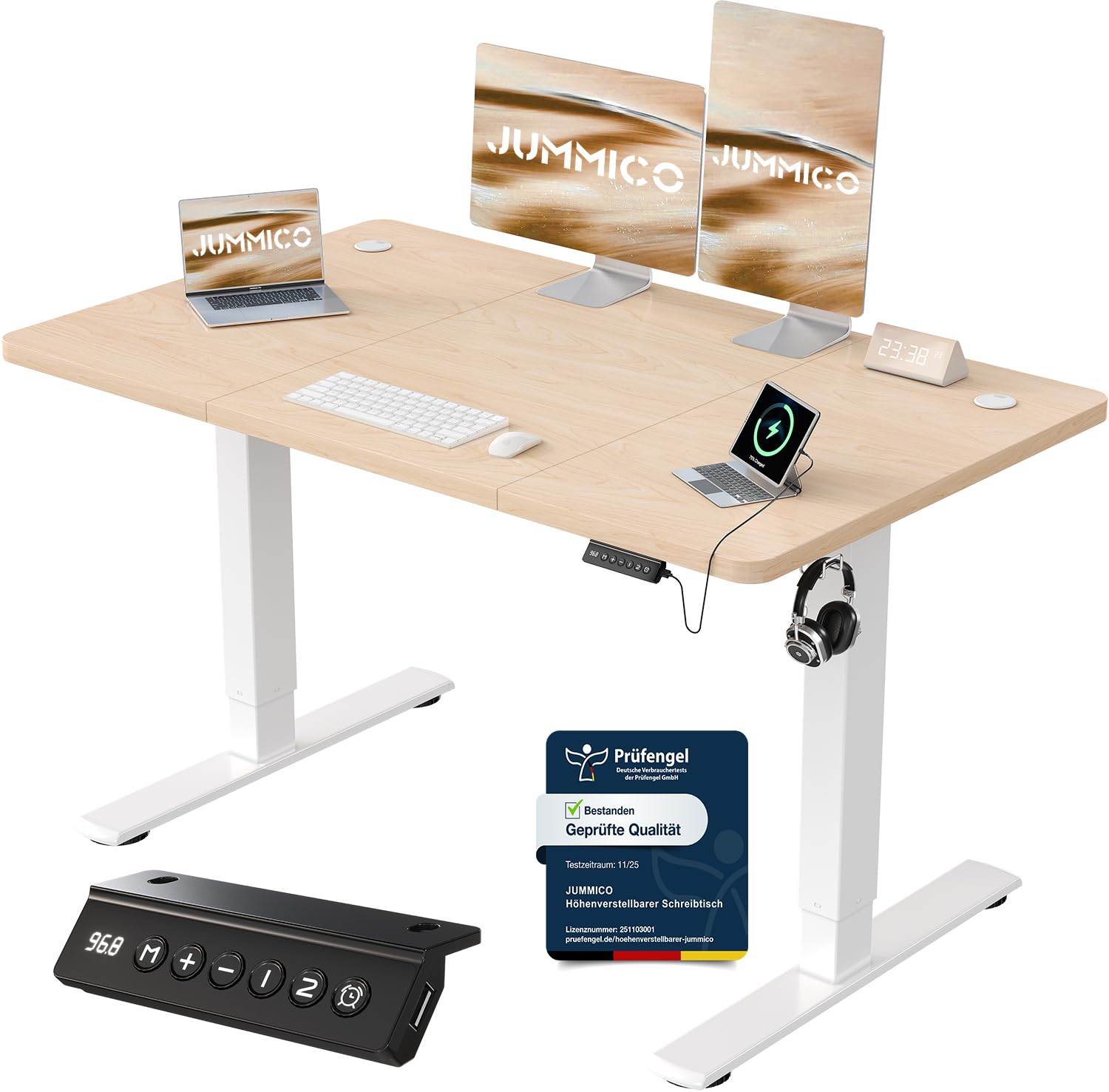 JUMMICO Höhenverstellbarer Schreibtisch mit USB-Ladeanschluss 120 x 60 cm, Schreibtisch Höhenverstellbar Elektrisch, Steh-Sitz Tisch Stehpult Verstellbarer Computertisch,Standing Desk,Weiß