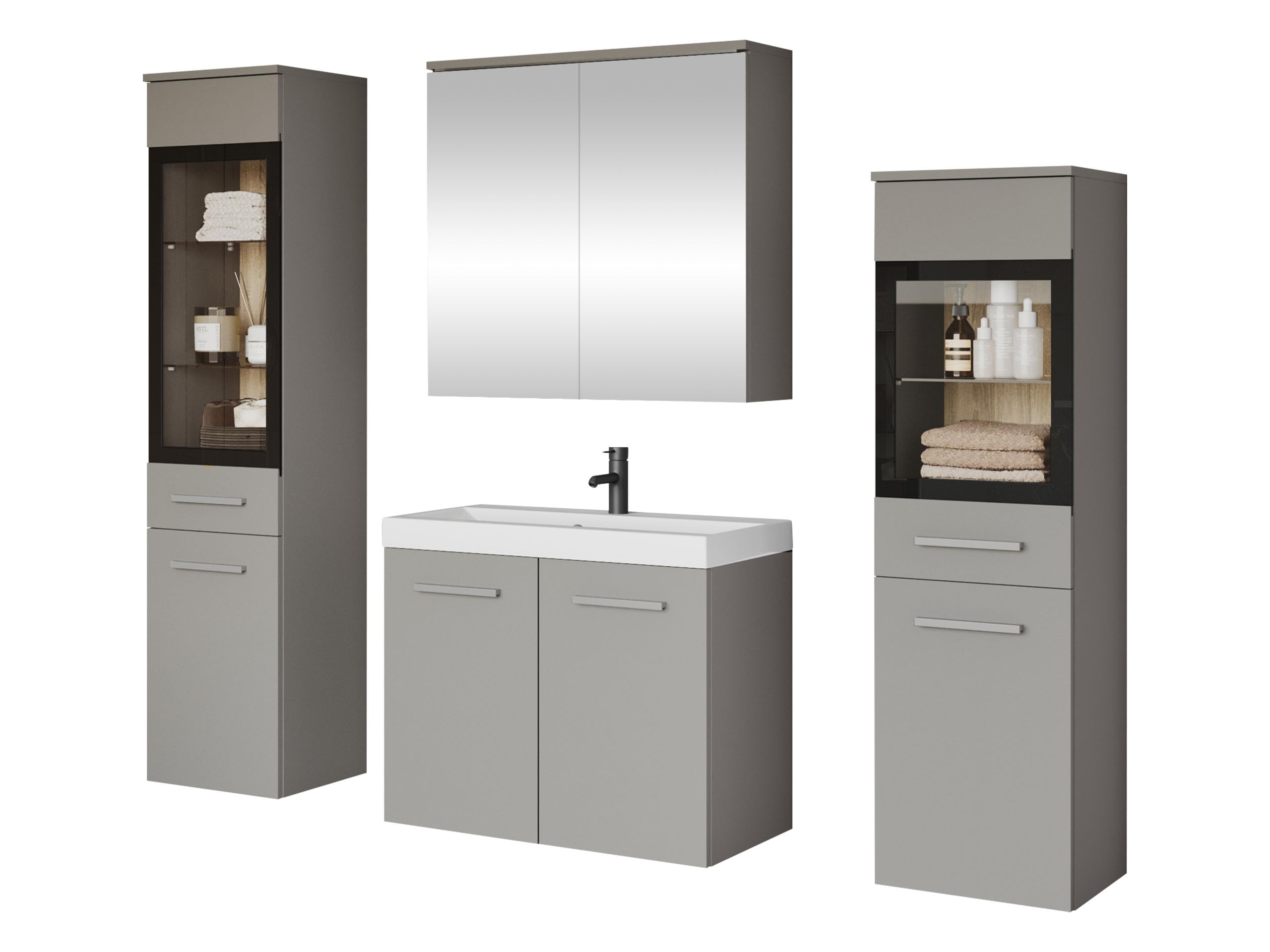 Mirjan24 Badmöbel Set Madrit II mit Waschbecken und Siphon, Komplettprogramme für Spiegelschrank, Waschtisch, Hochschrank (Kastanien Breslau/Grau Hochglanz, ohne Beleuchtung)