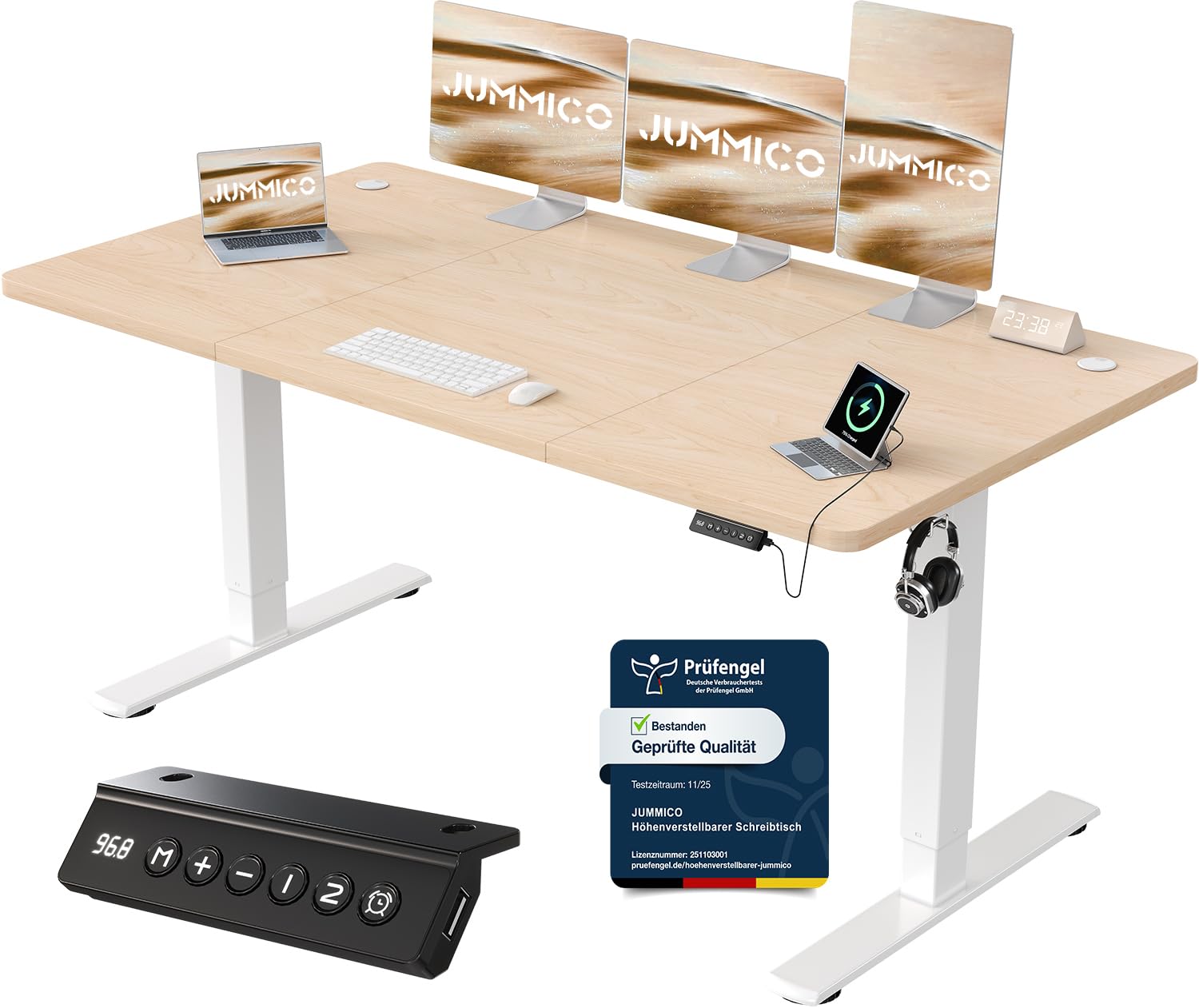 JUMMICO Höhenverstellbarer Schreibtisch mit USB-Ladeanschluss 120 x 60 cm, Schreibtisch Höhenverstellbar Elektrisch, Steh-Sitz Tisch Stehpult Verstellbarer Computertisch,Standing Desk,Weiß