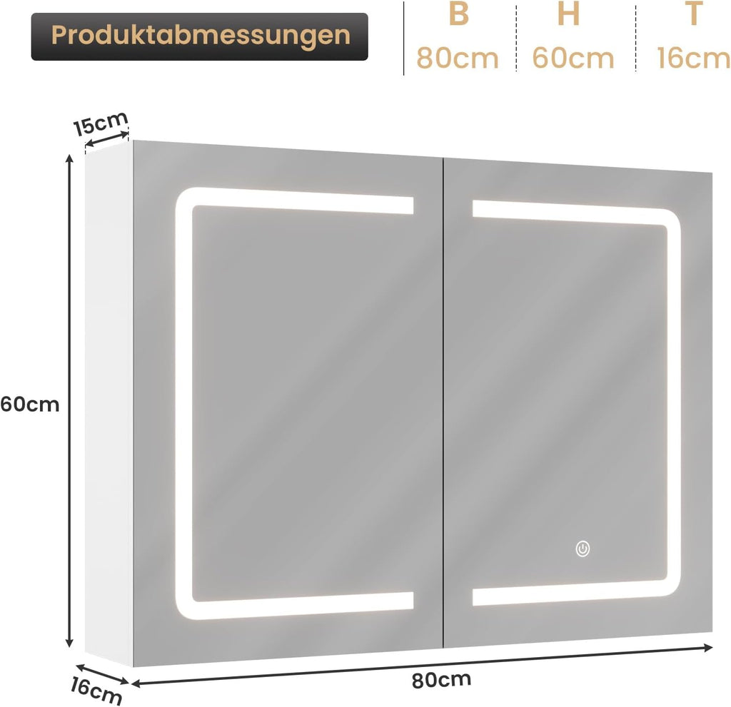 DICTAC Badezimmer spiegelschrank mit Beleuchtung 80x60x16cm Spiegelschrank Bad mit LED und Steckdose 80 cm Breit Doppeltür Badschrank mit Spiegel und Ablage,Hängeschrank,Berührung Sensorschalter,Weiß