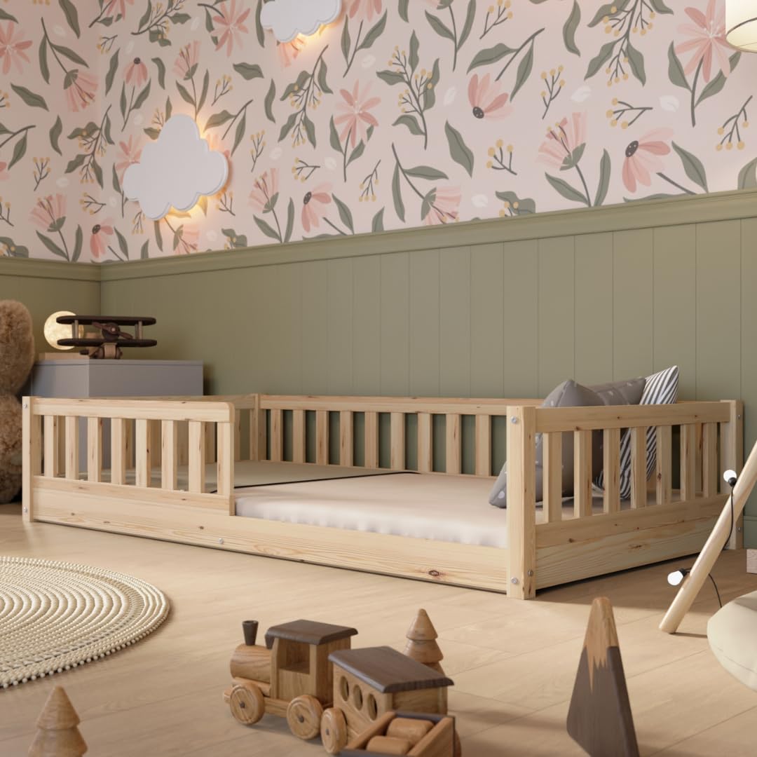 Crazy Pine Kinderbett 90x190 cm – Hohes Montessori Bodenbett aus Holz mit Rausfallschutz – Sicheres Kleinkindbett – Skandinavisches Design, Leichte Montage - Crazy Basic
