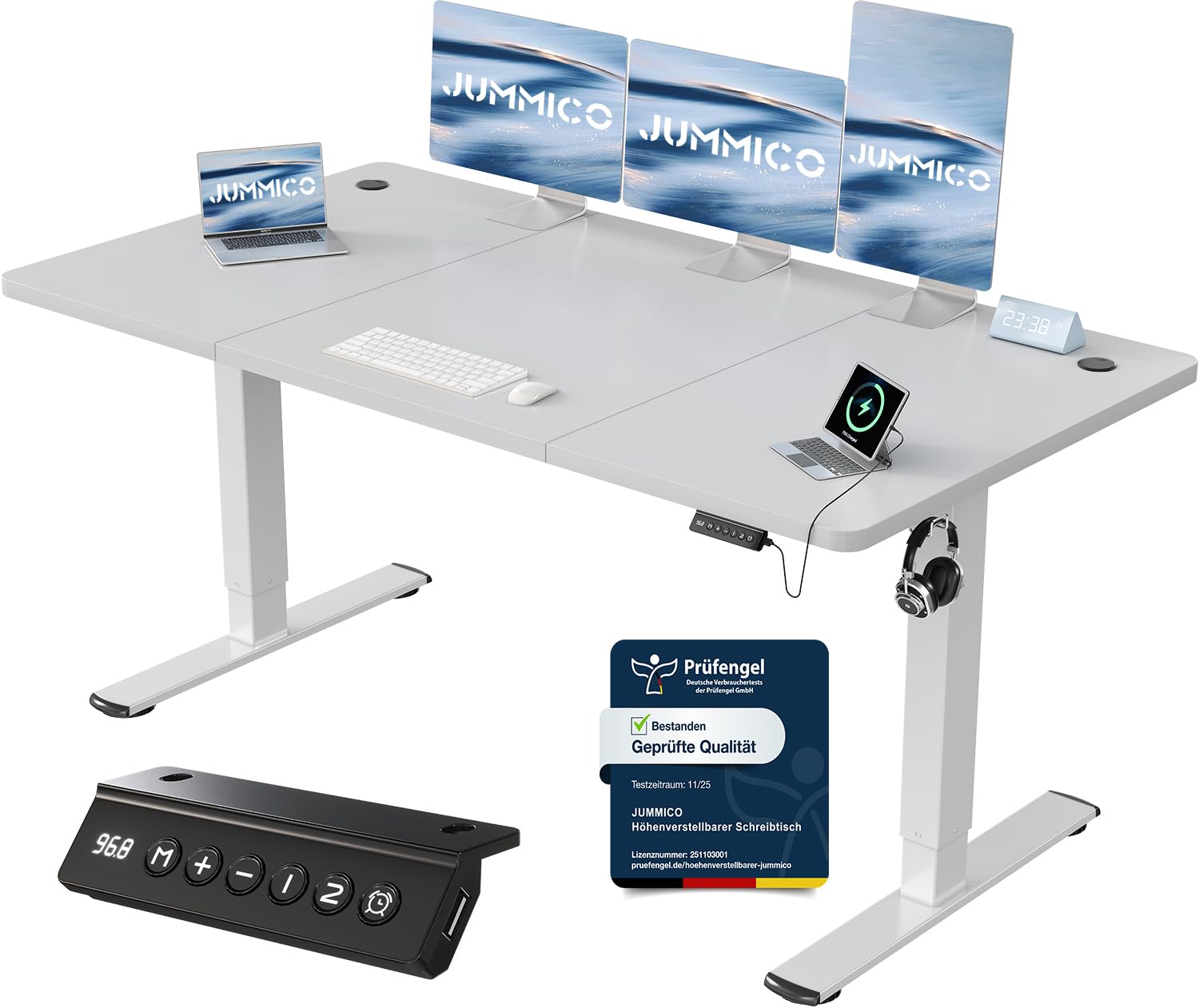 JUMMICO Höhenverstellbarer Schreibtisch mit USB-Ladeanschluss 120 x 60 cm, Schreibtisch Höhenverstellbar Elektrisch, Steh-Sitz Tisch Stehpult Verstellbarer Computertisch,Standing Desk,Weiß