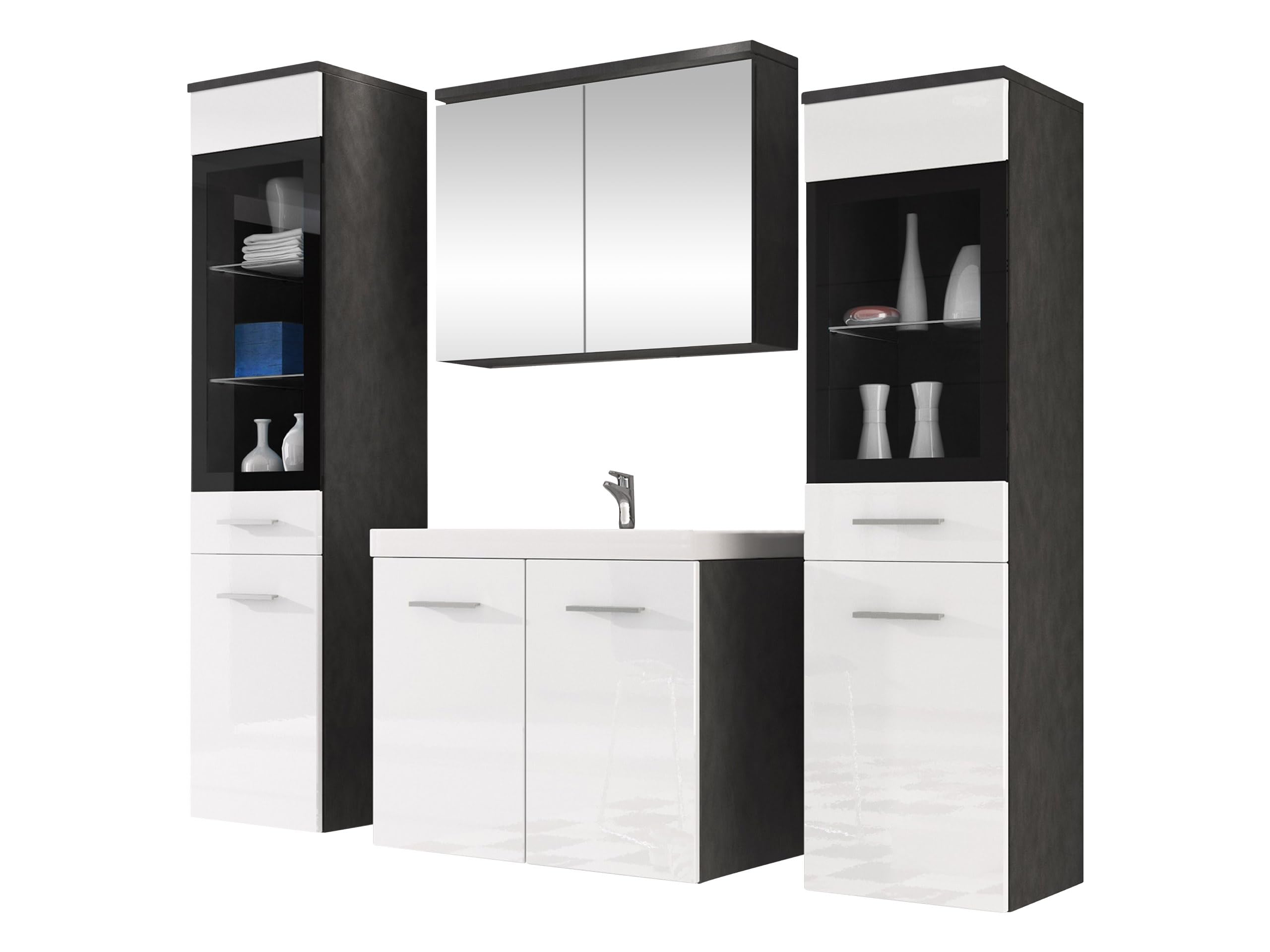 Mirjan24 Badmöbel Set Madrit II mit Waschbecken und Siphon, Komplettprogramme für Spiegelschrank, Waschtisch, Hochschrank (Kastanien Breslau/Grau Hochglanz, ohne Beleuchtung)