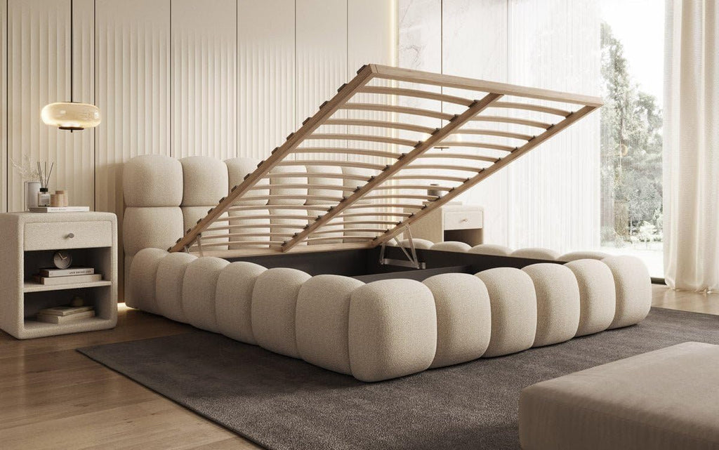 Luxusbetten24 Designer Polsterbett Boston Bouclé 140x200 mit Stauraum | Bezug: Bouclé | Farbe: Beige
