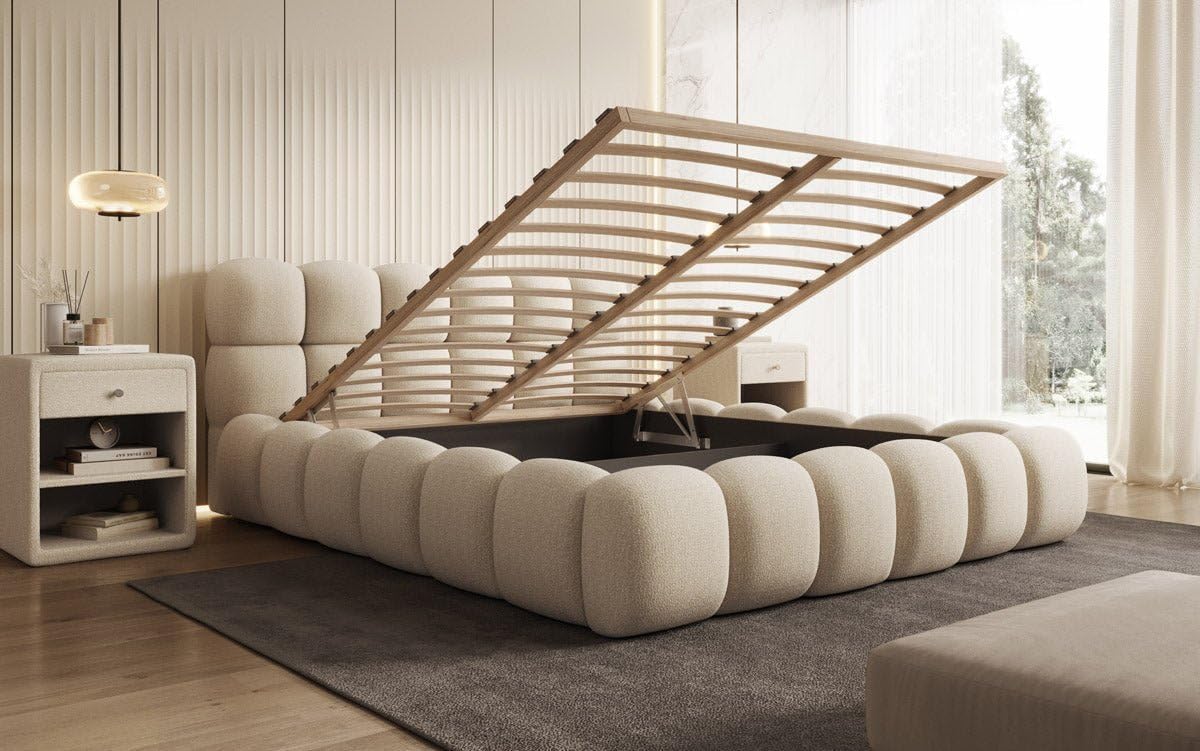 Luxusbetten24 Designer Polsterbett Boston Bouclé 140x200 mit Stauraum | Bezug: Bouclé | Farbe: Beige