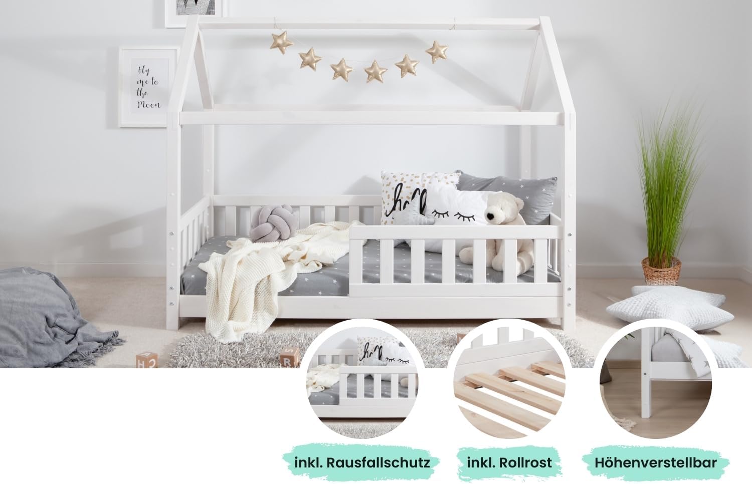 TiCAA Kinderbett Hausbett Kay 90x200 cm, 100x200 cm, 120x200 cm, 140x200 für Jungen & Mädchen, inkl. Rolllattenrost, Rausfallschutz variabel, Montessori Bett weiß aus Kiefer Massivholz