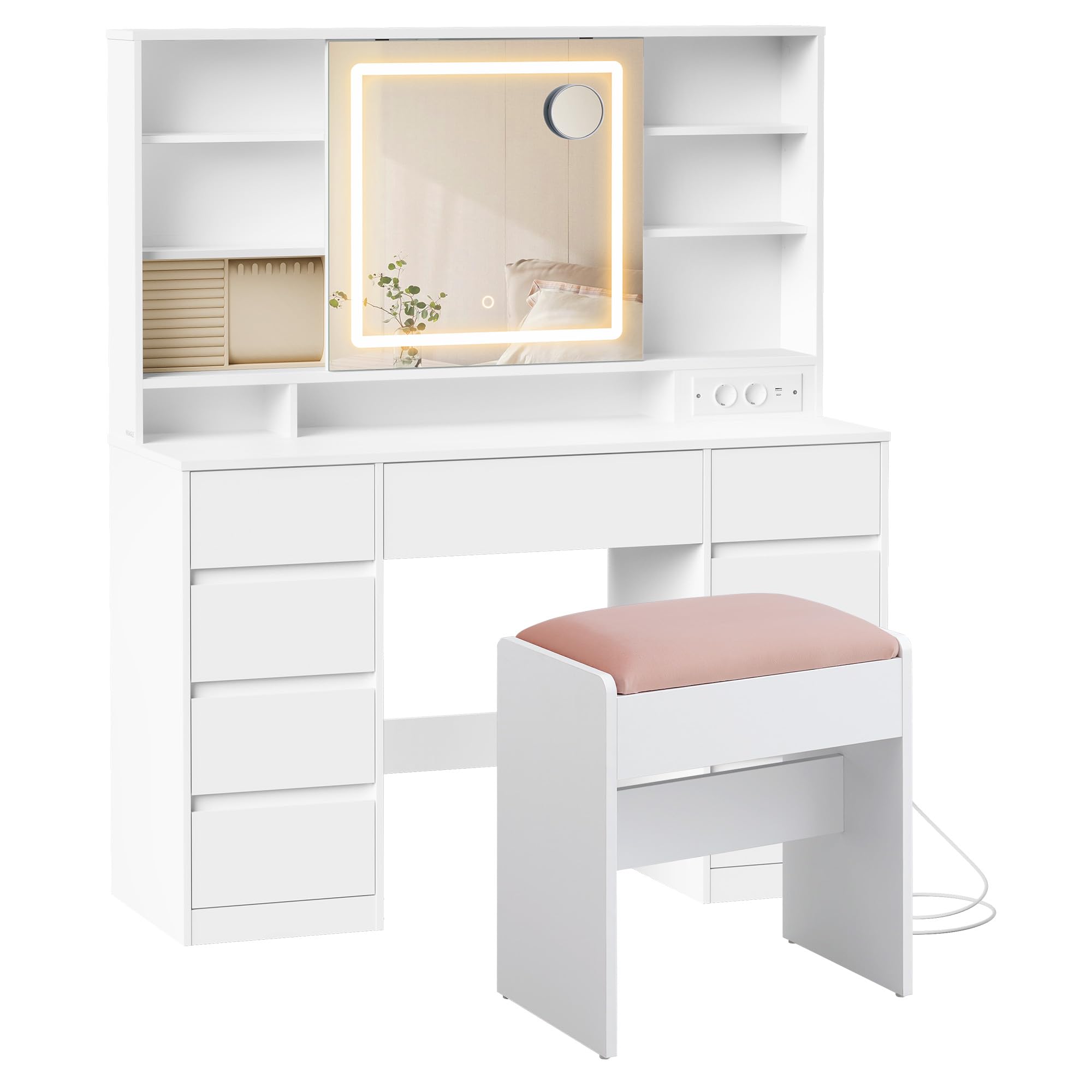VASAGLE Kailyn Collection RDT142WB02 Dressing Table with Mirror and LED Lights, Power Strip, 2 Cabinets, 9 Dimmable Bulbs, 3 Light Colours, Tool-Free Slide Rails, Cloud White