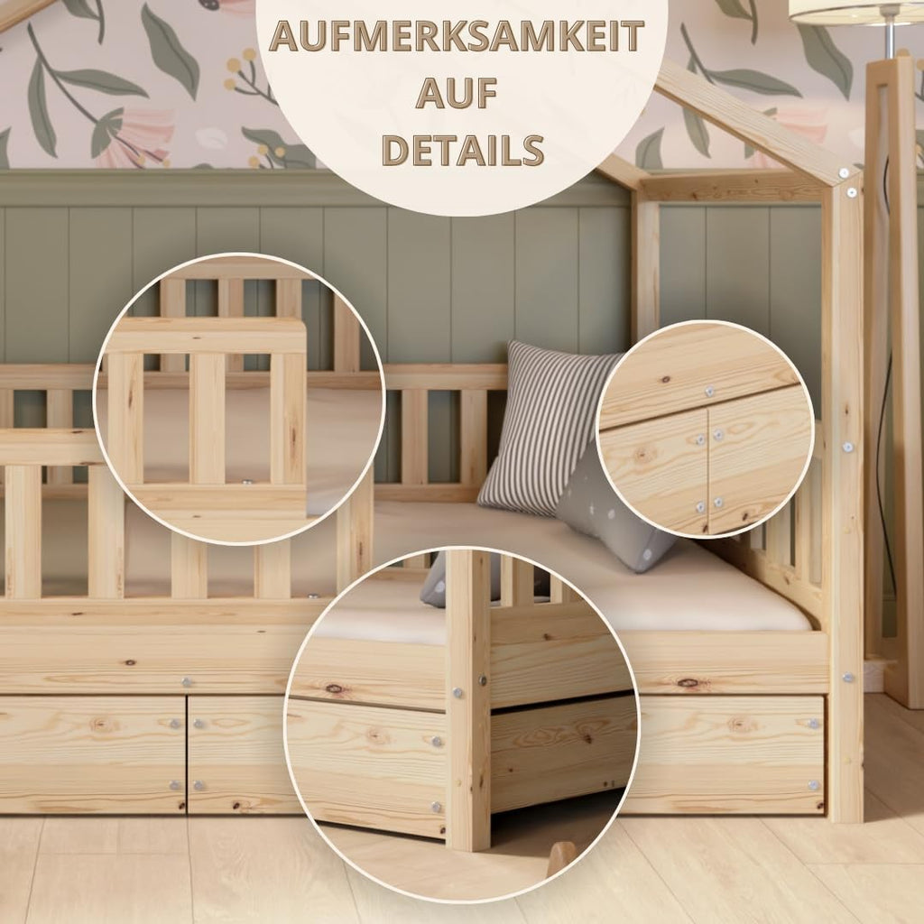 Hausbett mit Schubladen 140x200 cm – Kinderbett aus Naturholz mit Rausfallschutz – Montessori Bodenbett mit zusätzlichen Stauraum und und Abnehmbarer Barriere - Crazy House